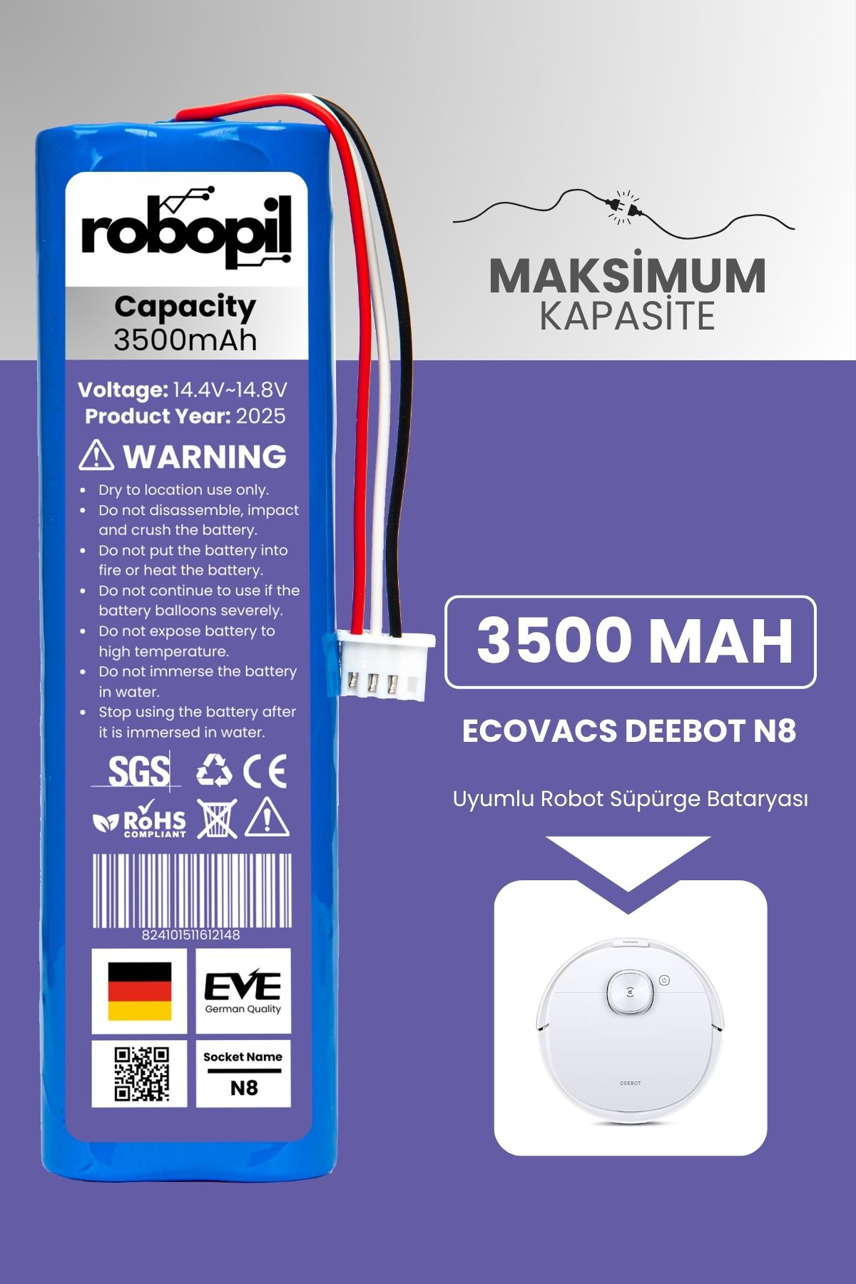ROBOPİL Ecovacs Deebot N8 Uyumlu Batarya 3500mah Pil Robot Süpürge Bataryası