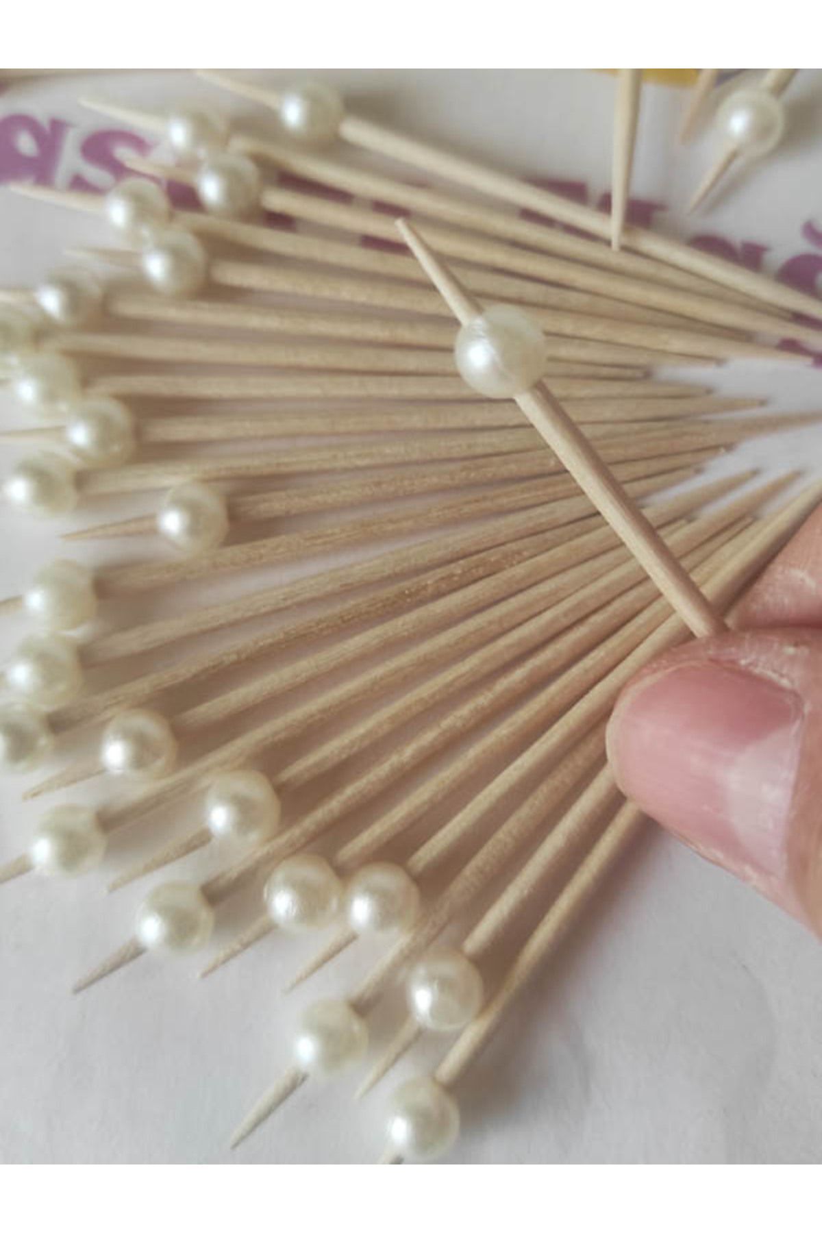 tm tasarı mağazası 49 Adet Dekoratif Krem Küçük İncili Lokumluk Pasta Kürdanı 6,5Cm-İnci 5 Mm
