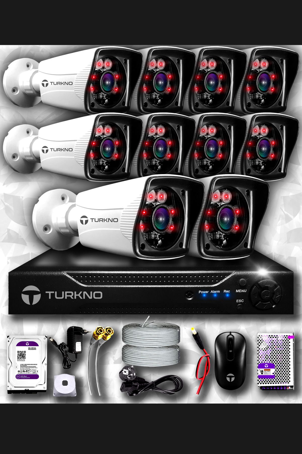 Turkno 10 Kameralı Karia 10 Dış Kamera Set 100 Gb Hdd Full Hd Gece Görüşlü Güvenlik Kamerası Sistemi