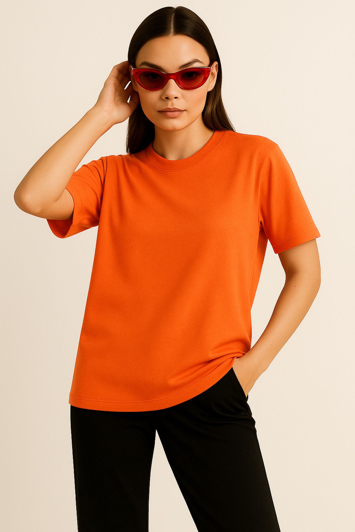 Rich Kadın Oversize Kiremit Basic Tişört – %100 Pamuk Rahat Kalıp Gündelik Şık Yazlık T-Shirt