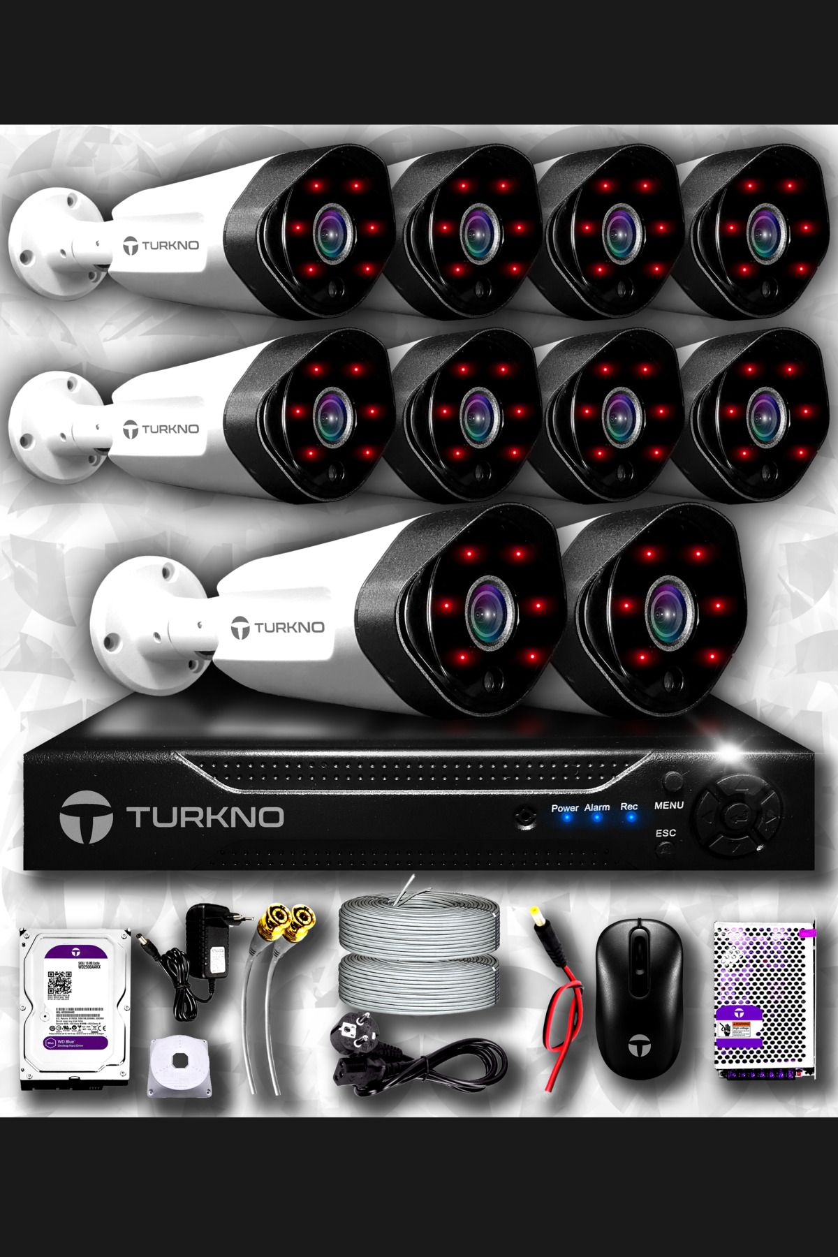 Turkno 10 Kameralı Galia 10 Dış Kamera Set 100 Gb Hdd Full Hd Gece Görüşlü Güvenlik Kamerası Sistemi