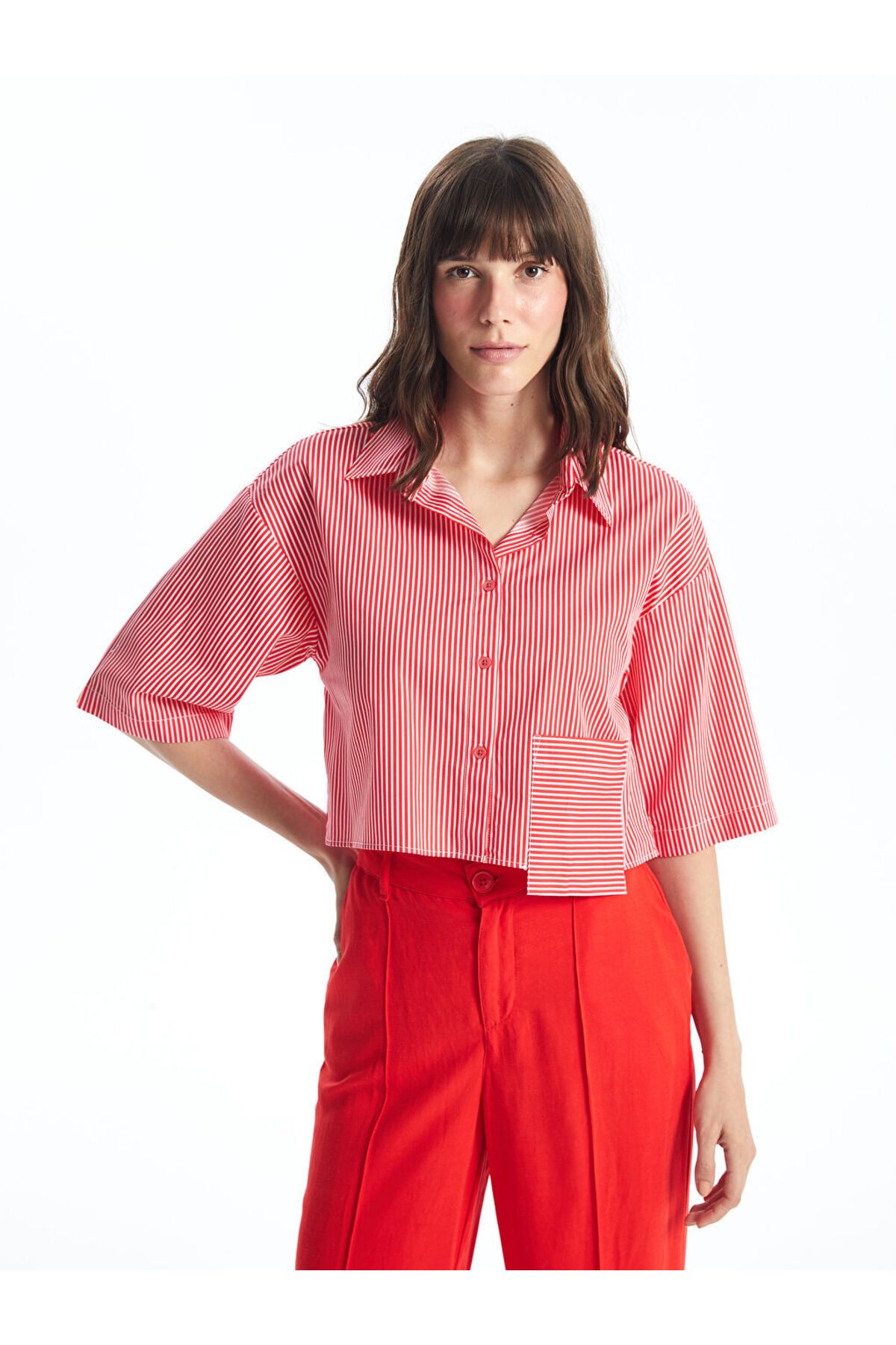 LC Waikiki LCW Çizgili Crop Poplin Kadın Gömlek
