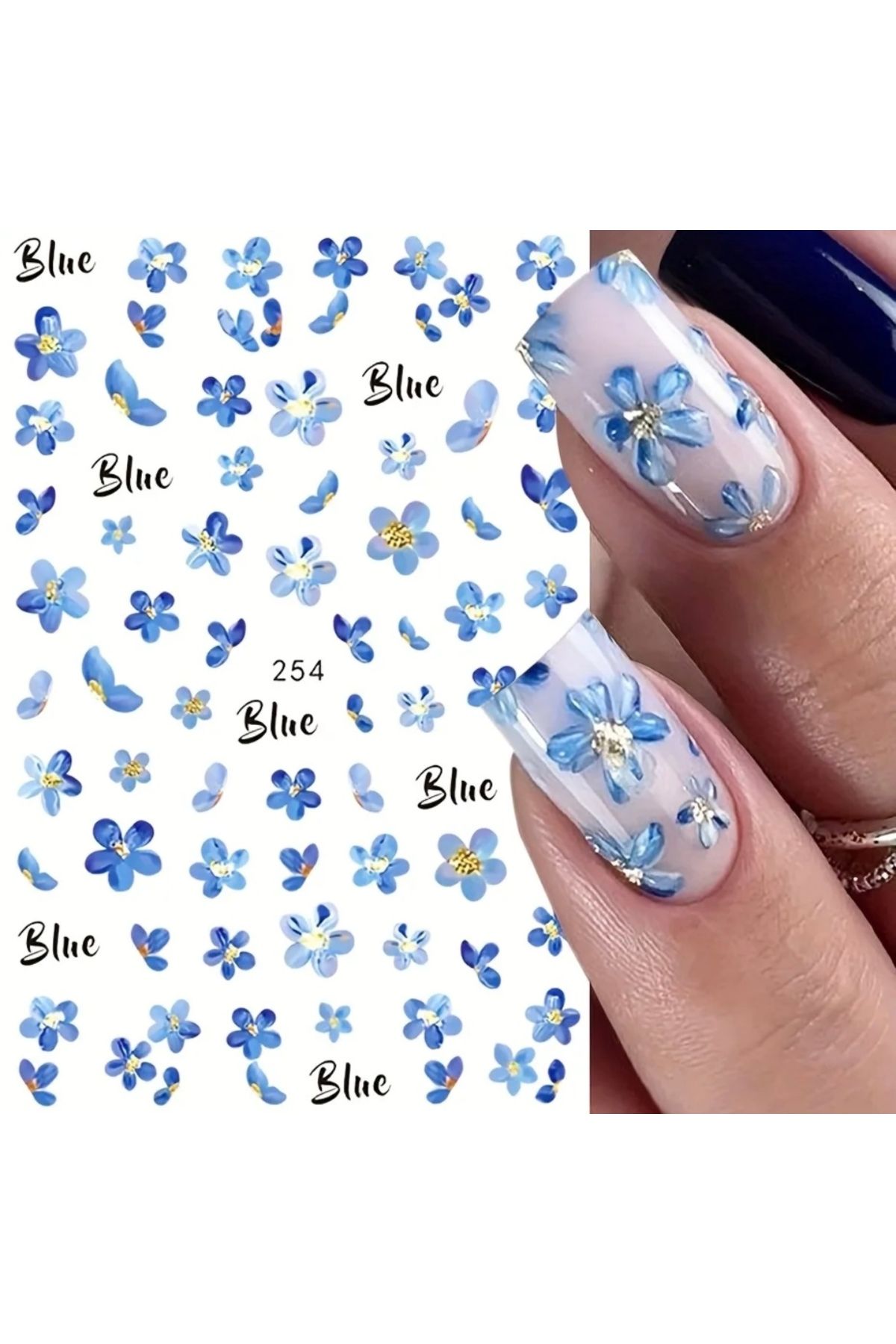 AEÇTASARIM 3D Mavi Çiçekli Tırnak Süsleme Stickerı, Nail Art Süslemeleri