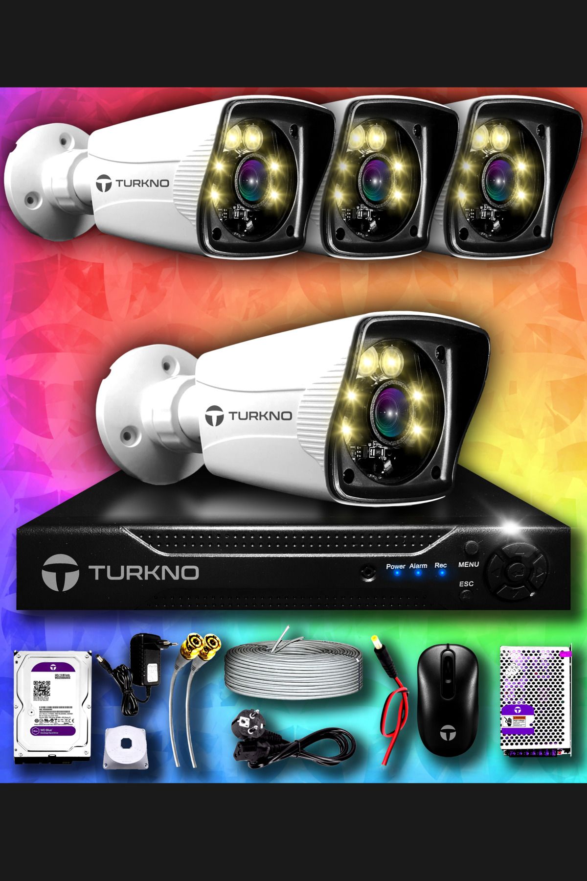 Turkno 4 Kameralı Karie 4 Dış Kamera Set 500 Gb Hdd Full Hd Renkli Gece Görüşlü Güvenlik Kamerası Sistemi