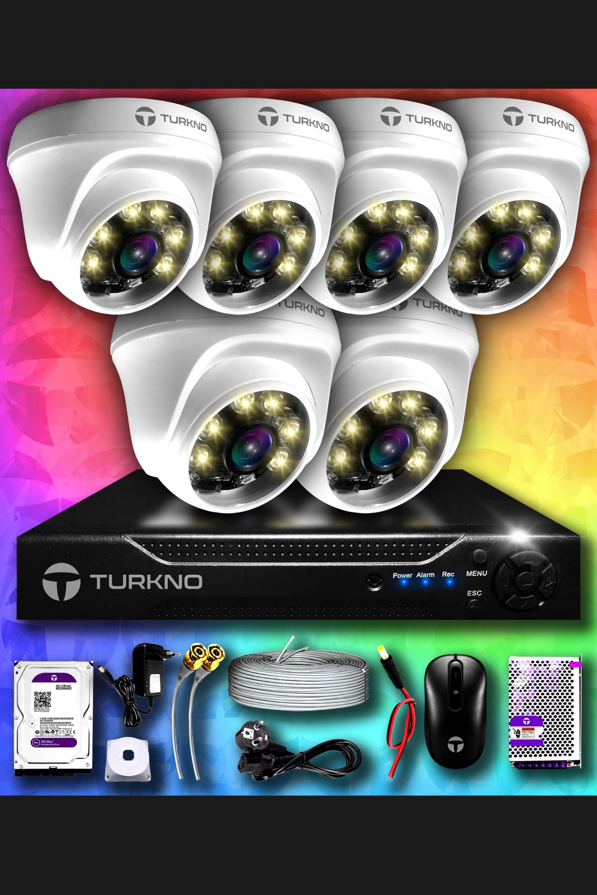 Turkno 6 Kameralı Domie 6 Iç Kamera Set 250 Gb Hdd Full Hd Renkli Gece Görüşlü Güvenlik Kamerası Sistemi