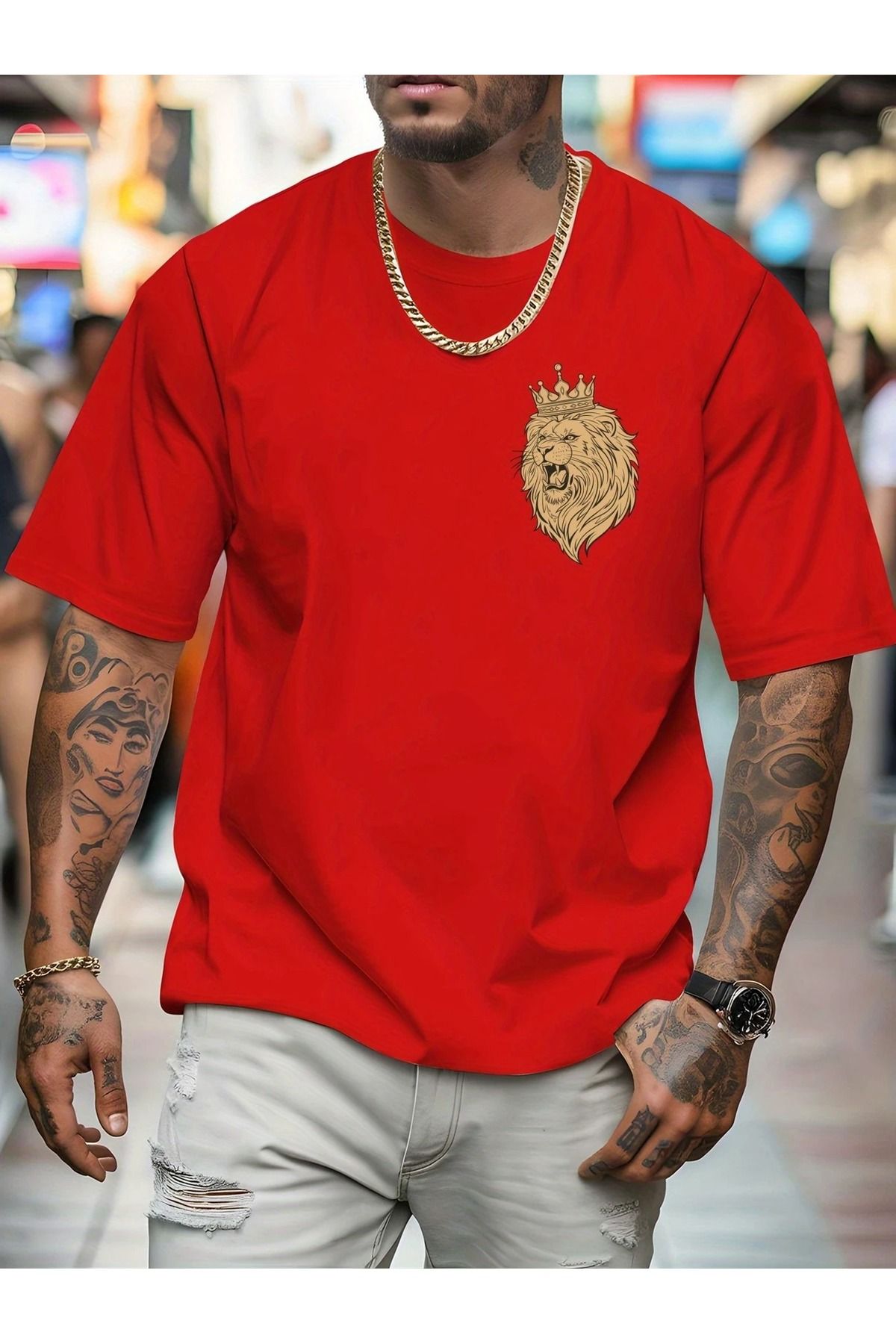WOODROFFE Erke Aslan Amblem Baskılı T-shirt Yeni Sezon Oversize Salaş