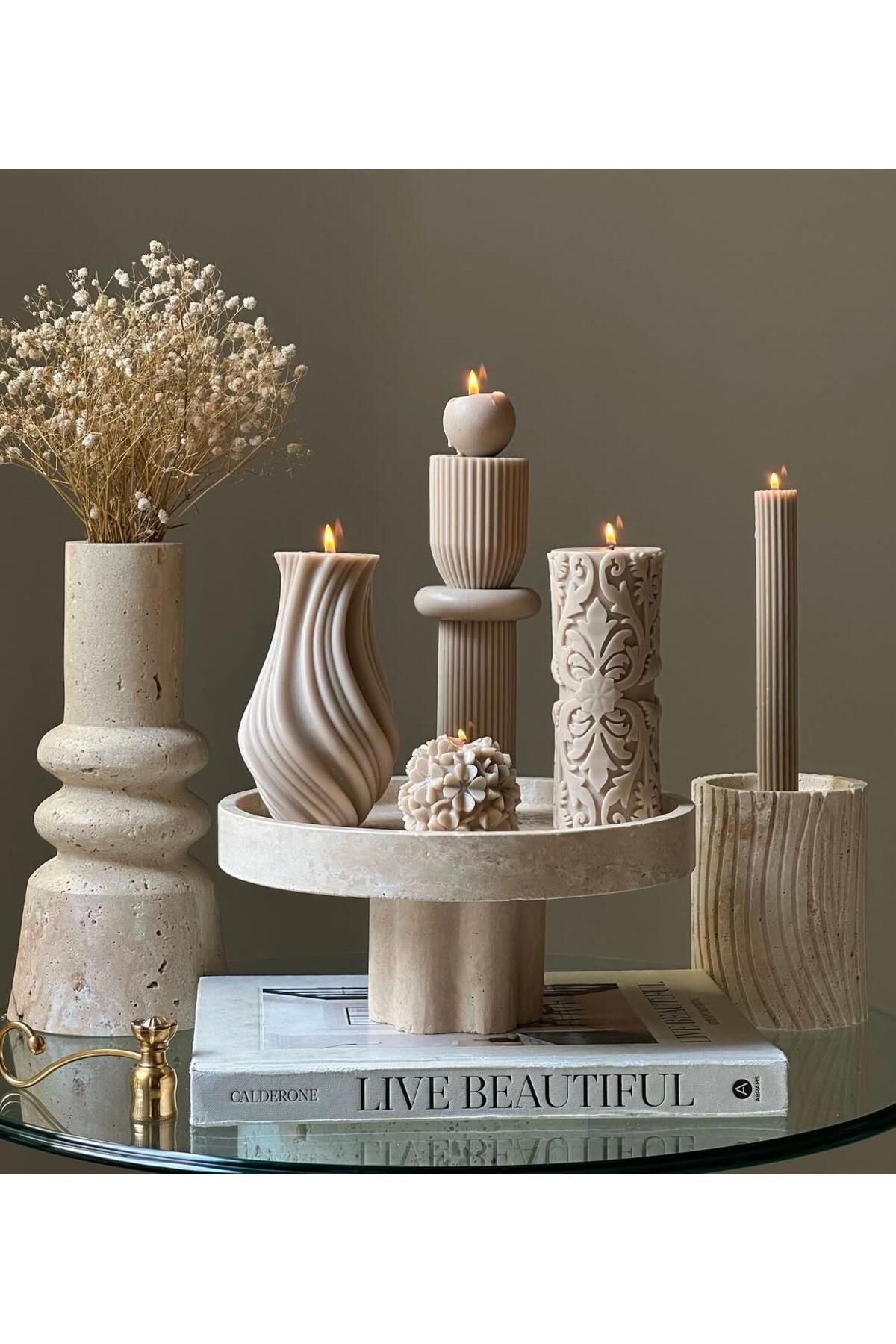 SCA CANDLE Dekoraitf mum Tek Top +Vazo+Çizgili Mum +Gül +çizgili şamdan Mum Toplam 5 Parça