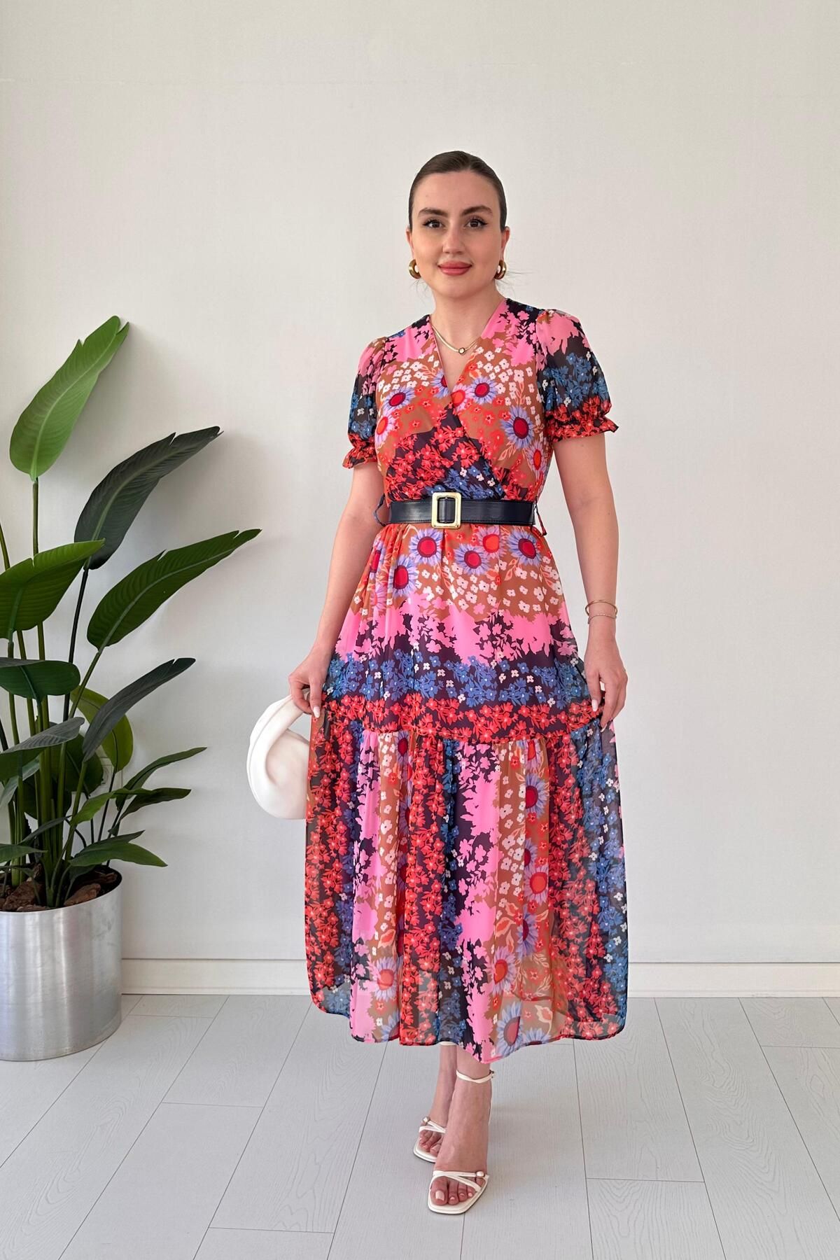 MaziButik Kemerli Flower Şifon Elbise Pembe