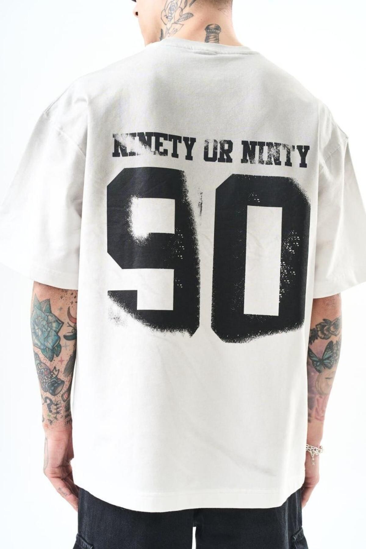 Ben Özgürüm 0 Yaka 90 Baskılı Yıkamalı Erkek Oversize T-Shirt
