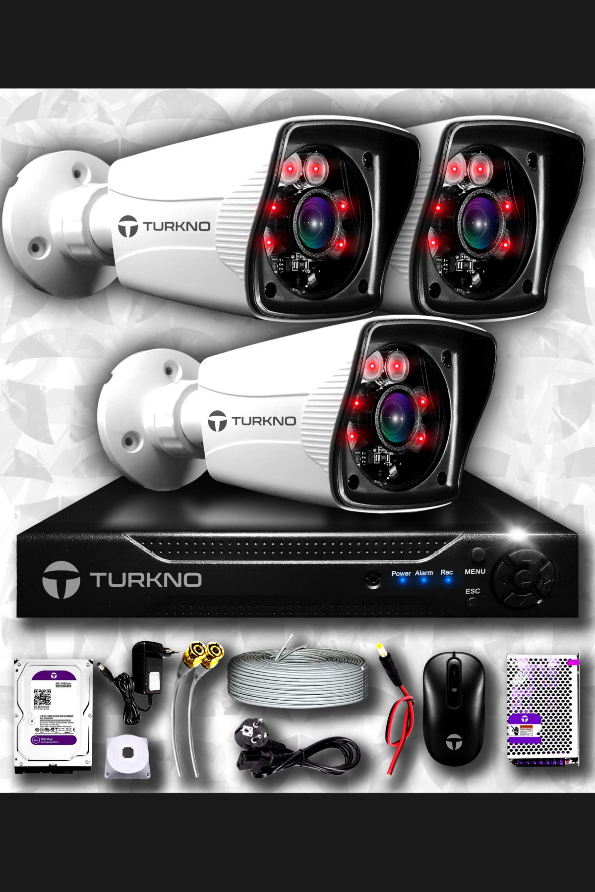 Turkno 3 Kameralı Karia 3 Dış Kamera Set 100 Gb Hdd Full Hd Gece Görüşlü Güvenlik Kamerası Sistemi