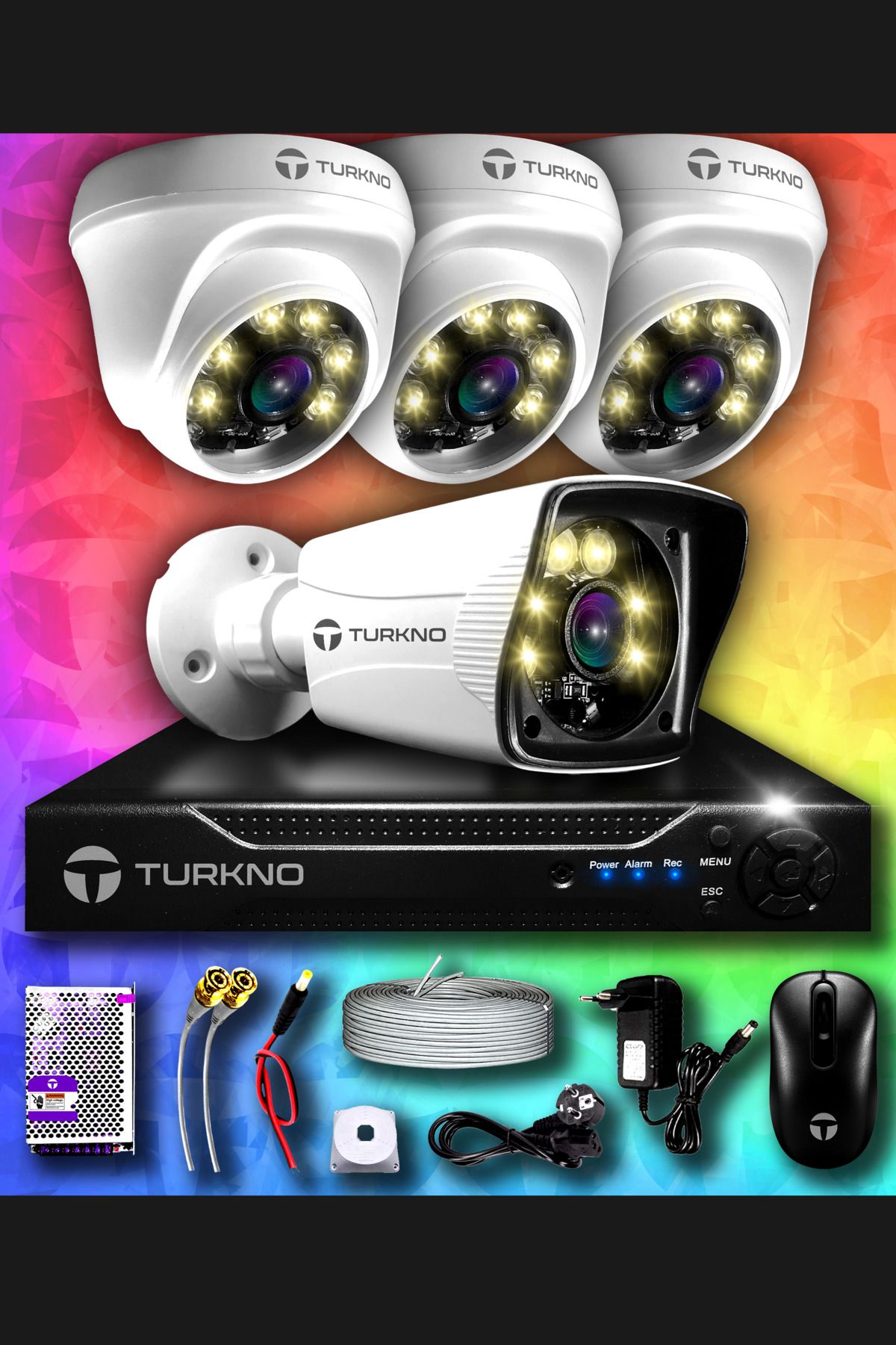 Turkno 4 Kameralı Karie 3 Iç Kamera Set Hdd'siz Full Hd Renkli Gece Görüşlü Güvenlik Kamerası Sistemi