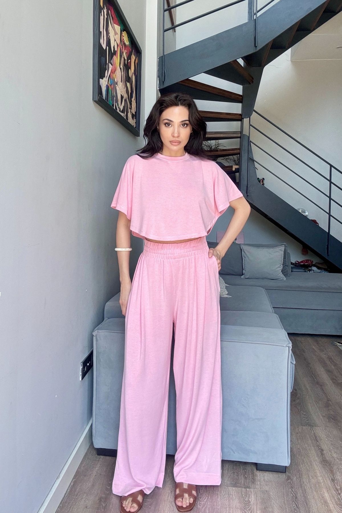 Eka Kadın Pembe Crop Pantolon Takım 1017-0176
