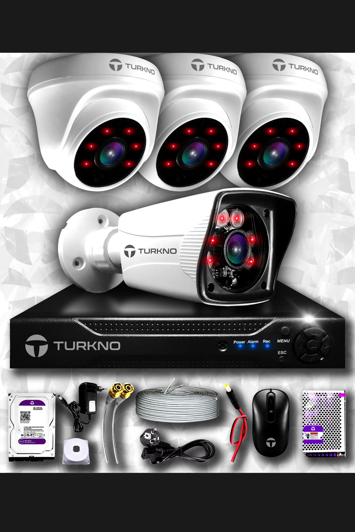 Turkno 4 Kameralı Karia 3 Iç Kamera Set 250 Gb Hdd Full Hd Gece Görüşlü Güvenlik Kamerası Sistemi