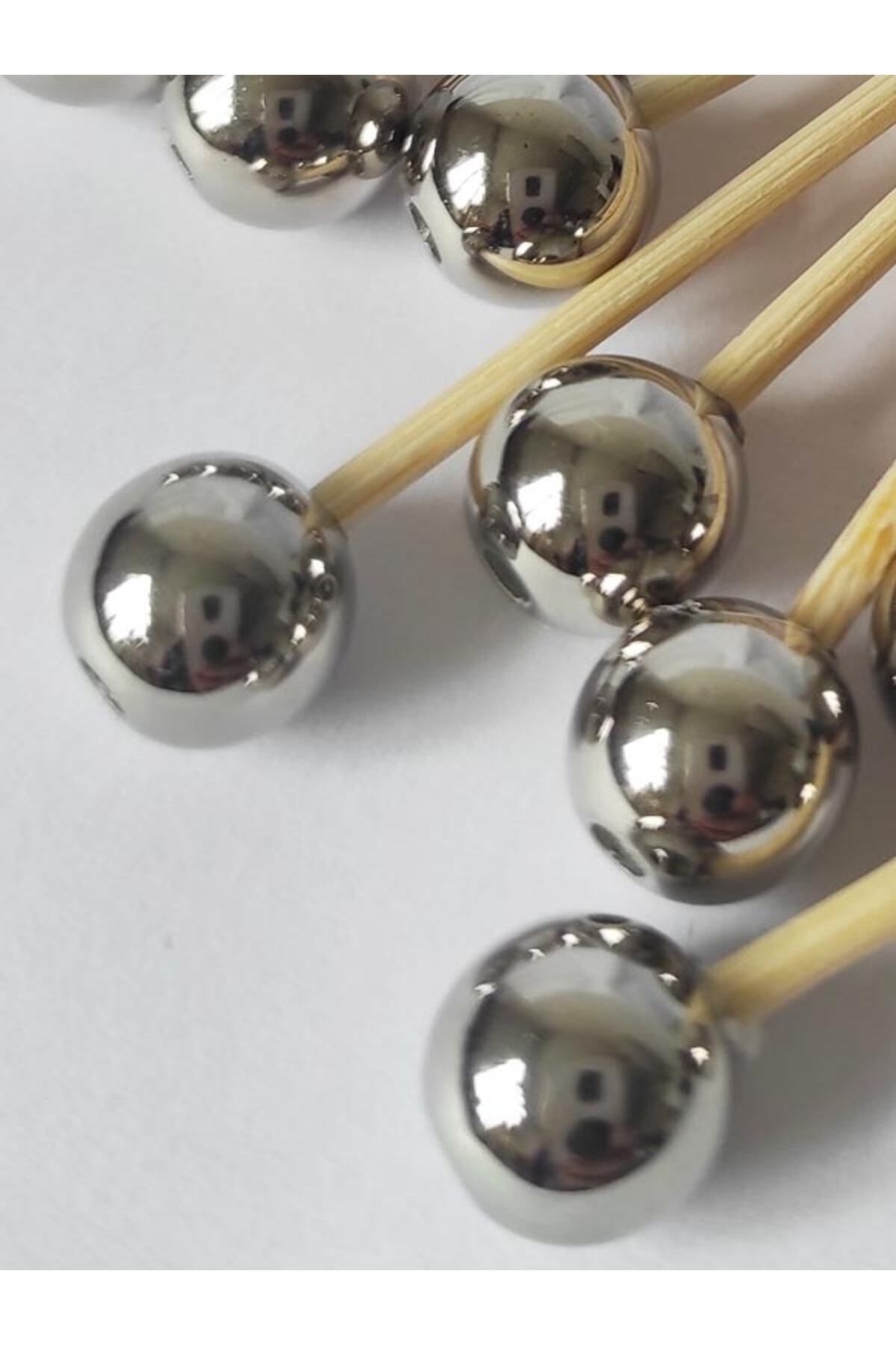 tm tasarı mağazası 20 Adet Dekoratif Gümüş Yuvarlak Inci Boncuklu Kürdan 6,5 Cm - Inci 8 Mm