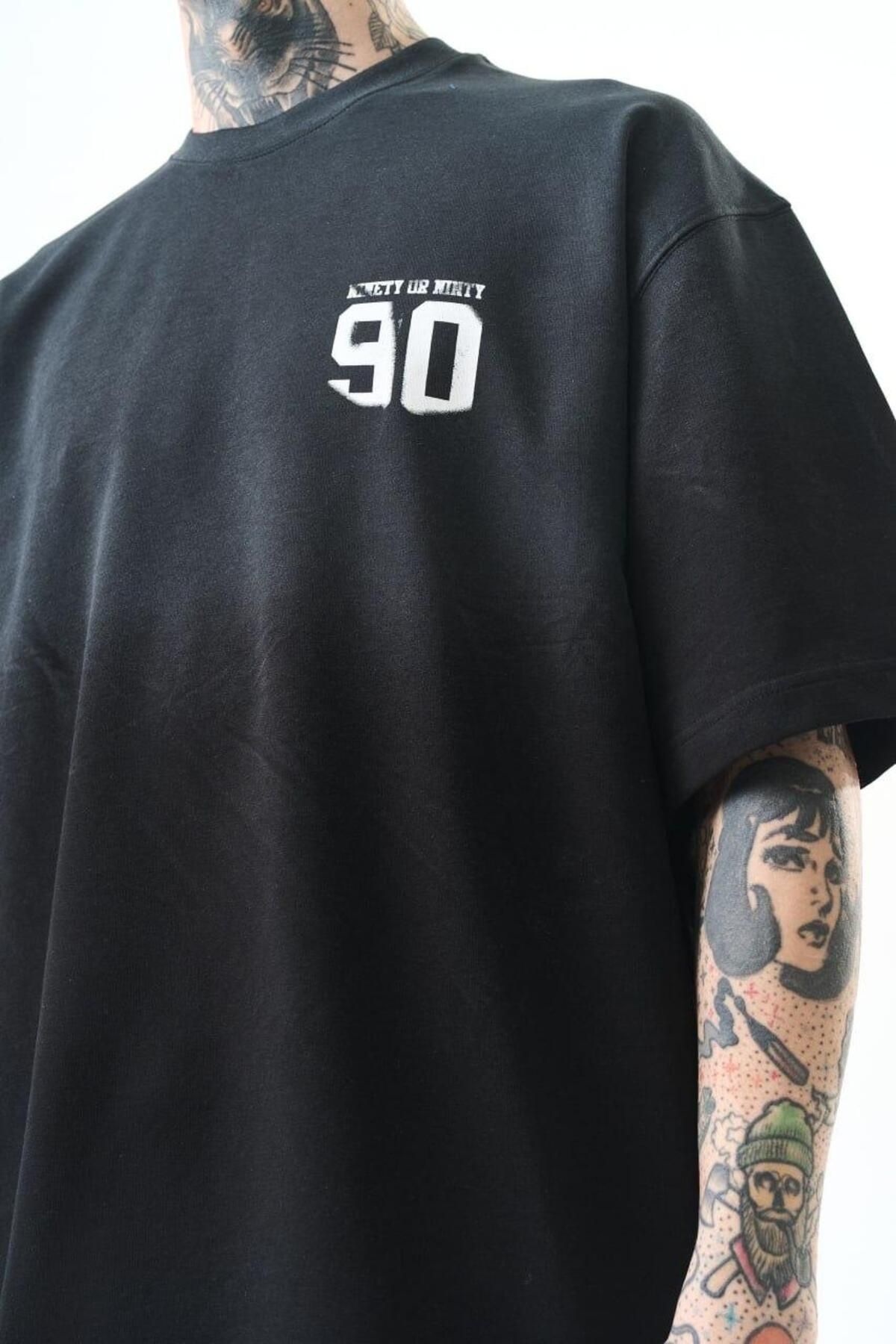 Ben Özgürüm 0 Yaka 90 Baskılı Yıkamalı Erkek Oversize T-Shirt