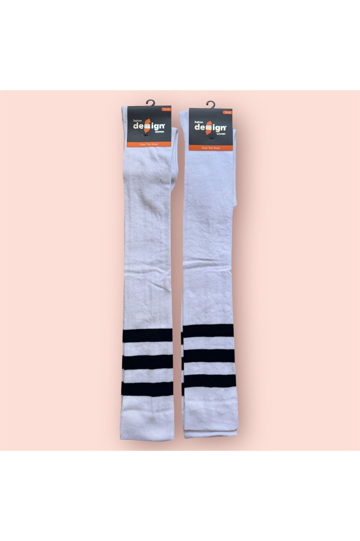 Design Socks Kadın Beyaz Çizgili Pamuklu Diz Üstü Çorap