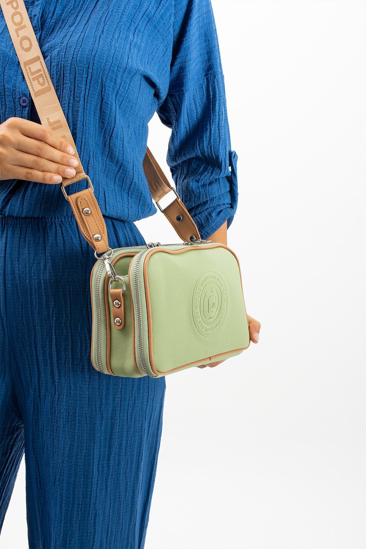 Just Polo Bonnie 6000 LK Suni Deri Marka Baskılı 5 Bölmeli Kadın Postacı Ve Omuz Çantası (Ebat:26x16 Cm)