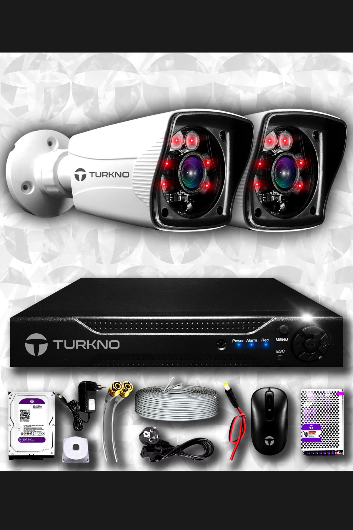 Turkno 2 Kameralı Karia 2 Dış Kamera Set 100 Gb Hdd Full Hd Gece Görüşlü Güvenlik Kamerası Sistemi