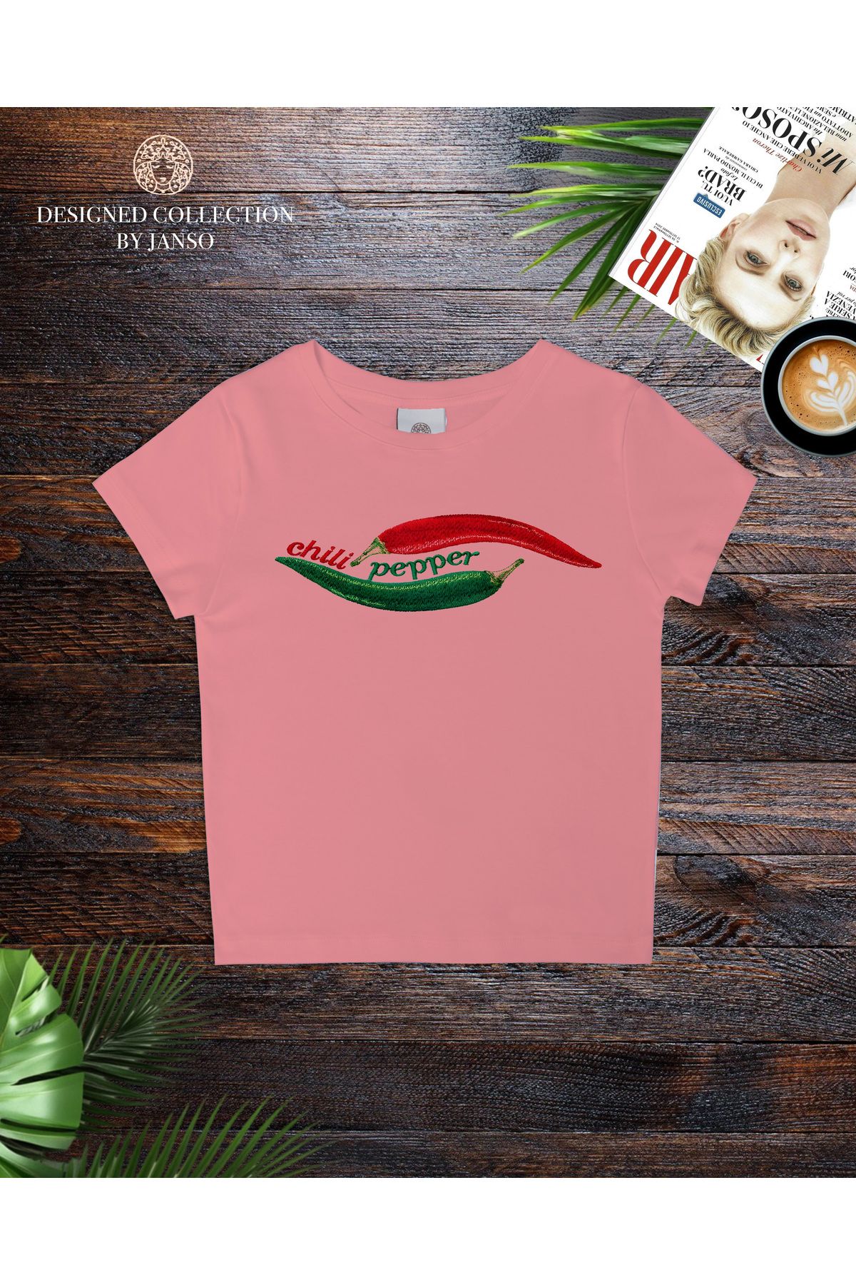 JANSO GROUP - KADIN KISA KOLLU CROP TSHIRT BASKILI chili pepper PAMUKLU PENYE KUMAŞ