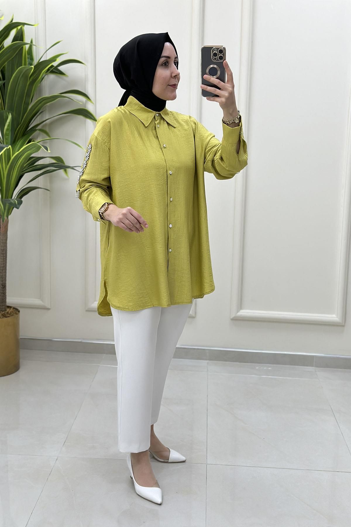 Miss Önü Düğmeli Katlama Kol Taş Detaylı Kadın Tunik Asit Yeşili MSE 3221