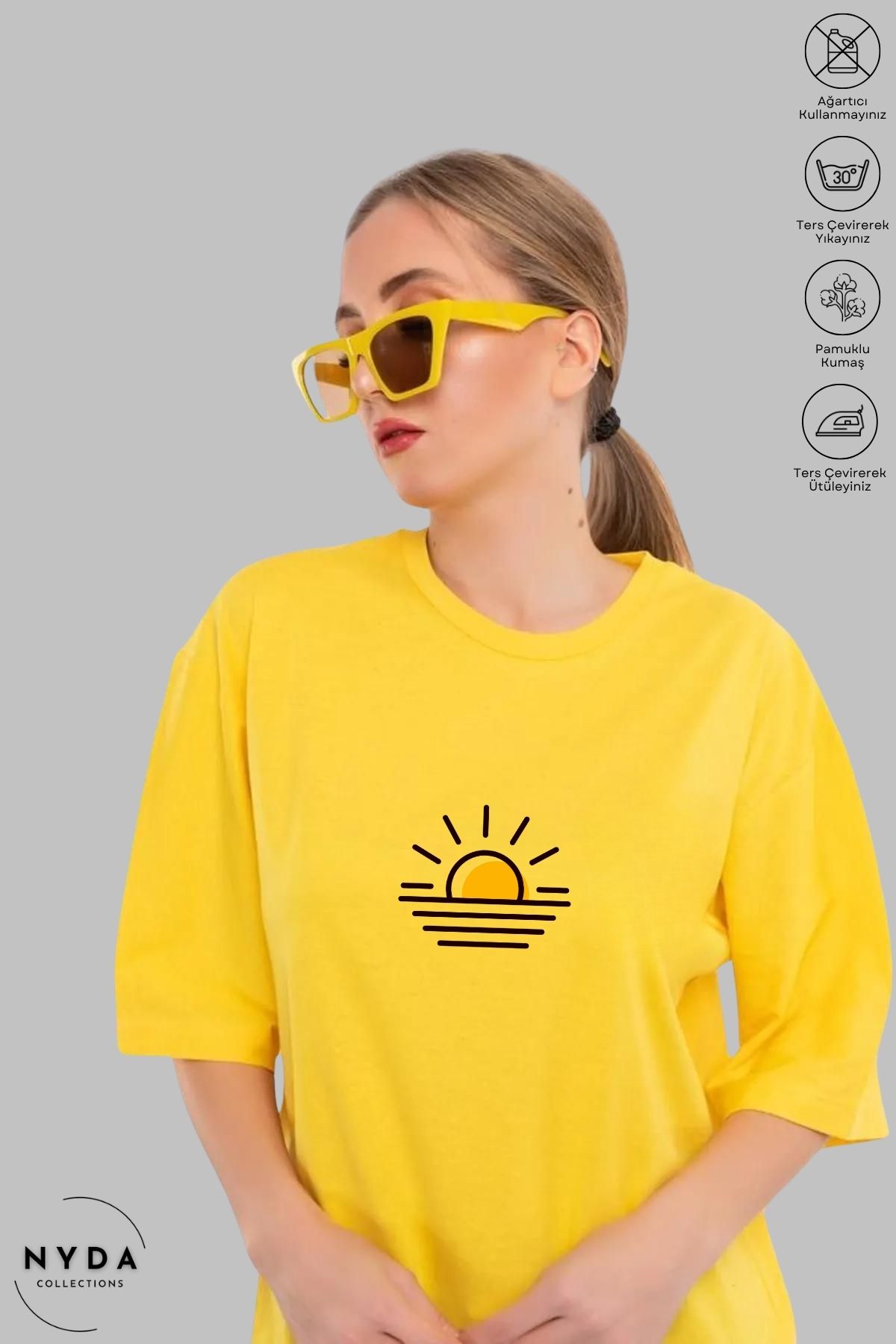 Nyda Collections Unisex Bisiklet Yaka Günbatımı Baskılı Pamuk Oversize Kısa Kollu Tişört