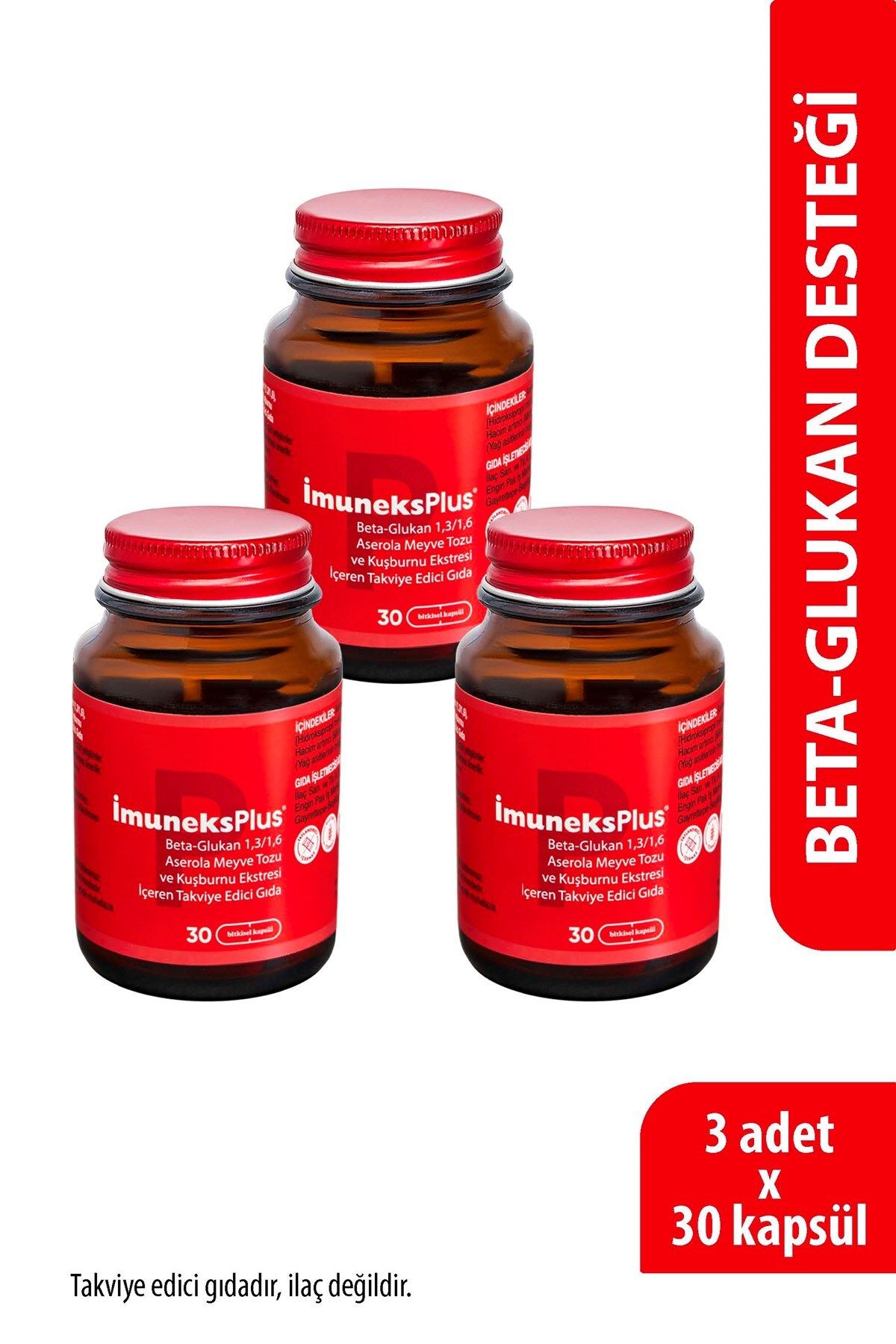 Imuneks Farma Plus Beta Glukan (1,3/1,6) Aserola Meyve Tozu,Kuşburnu Ekstresi Takviye Edici Gıda 30 Kapsül x 3 Ad