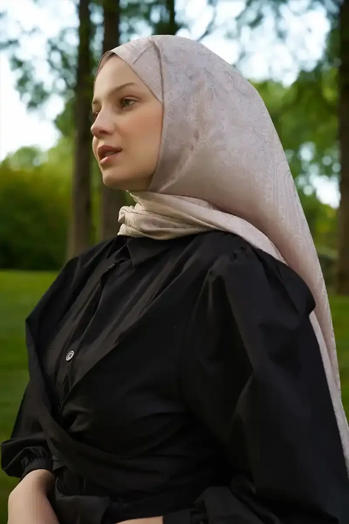 Madame Polo Elegance Lace Desen Jakar Şal - Pudra