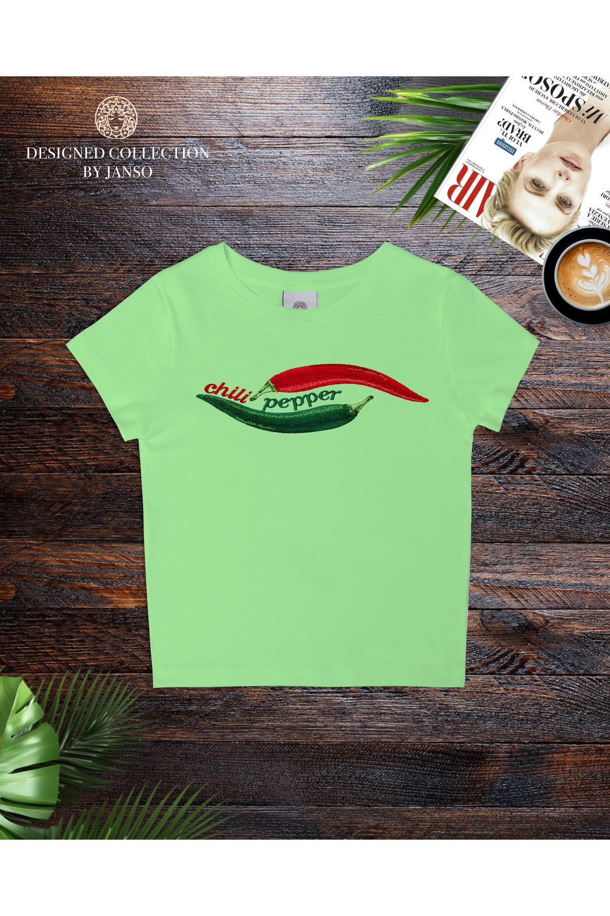 JANSO GROUP - KADIN KISA KOLLU CROP TSHIRT BASKILI chili pepper PAMUKLU PENYE KUMAŞ