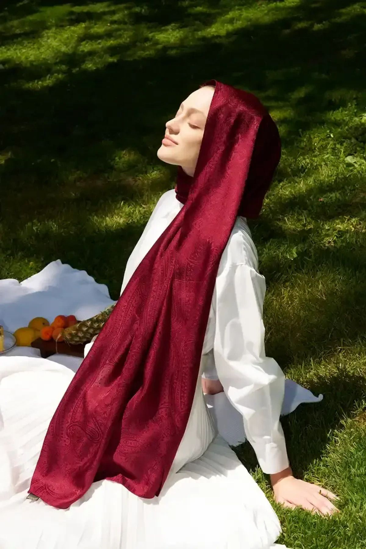 Madame Polo Elegance Lace Desen Jakar Şal - Bordo