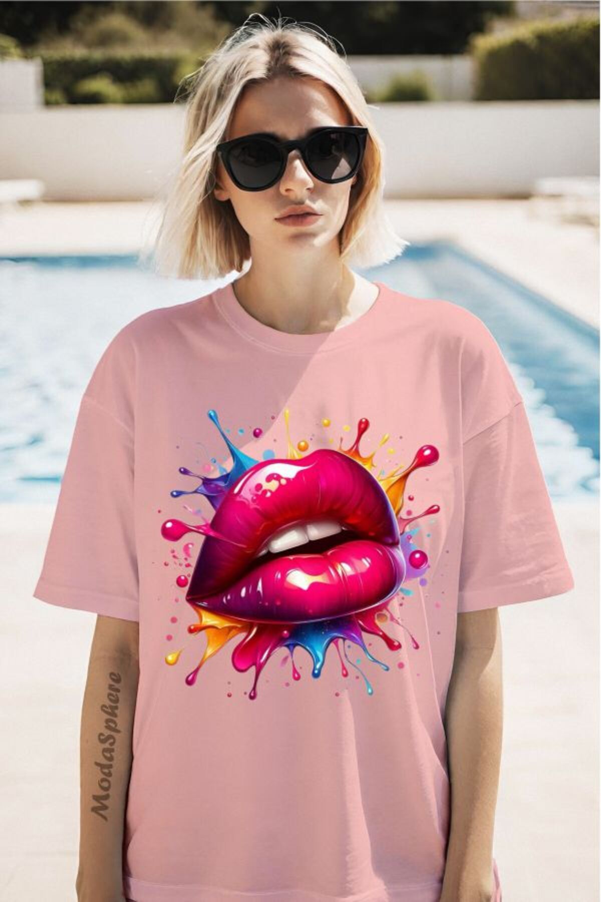 ModaSphere Renkli Dudak Baskılı Unisex Oversize Tişört