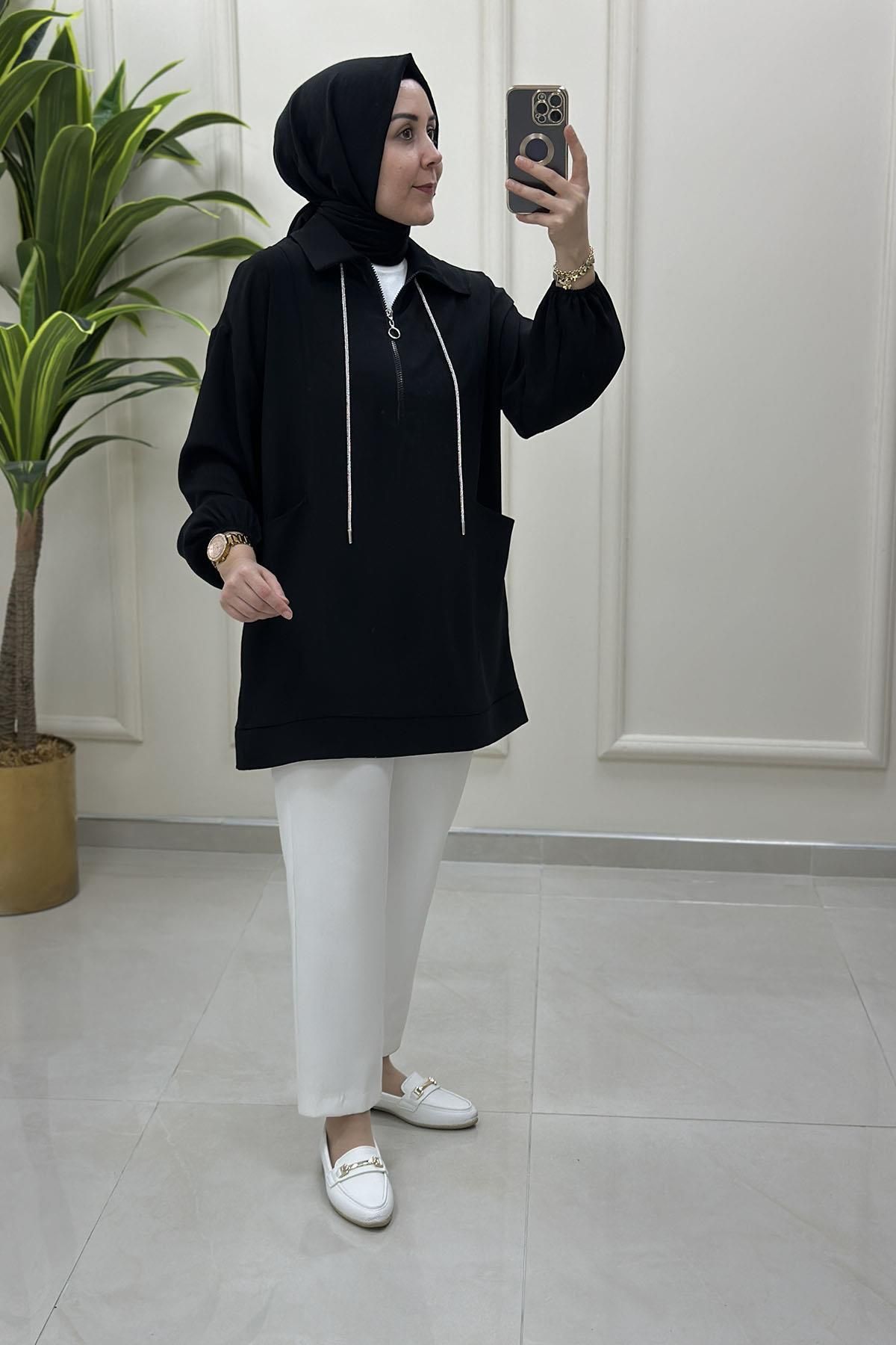 Miss Önü Yarım Fermuarlı Taş İp Detaylı Kadın Tunik Siyah MSE 31901