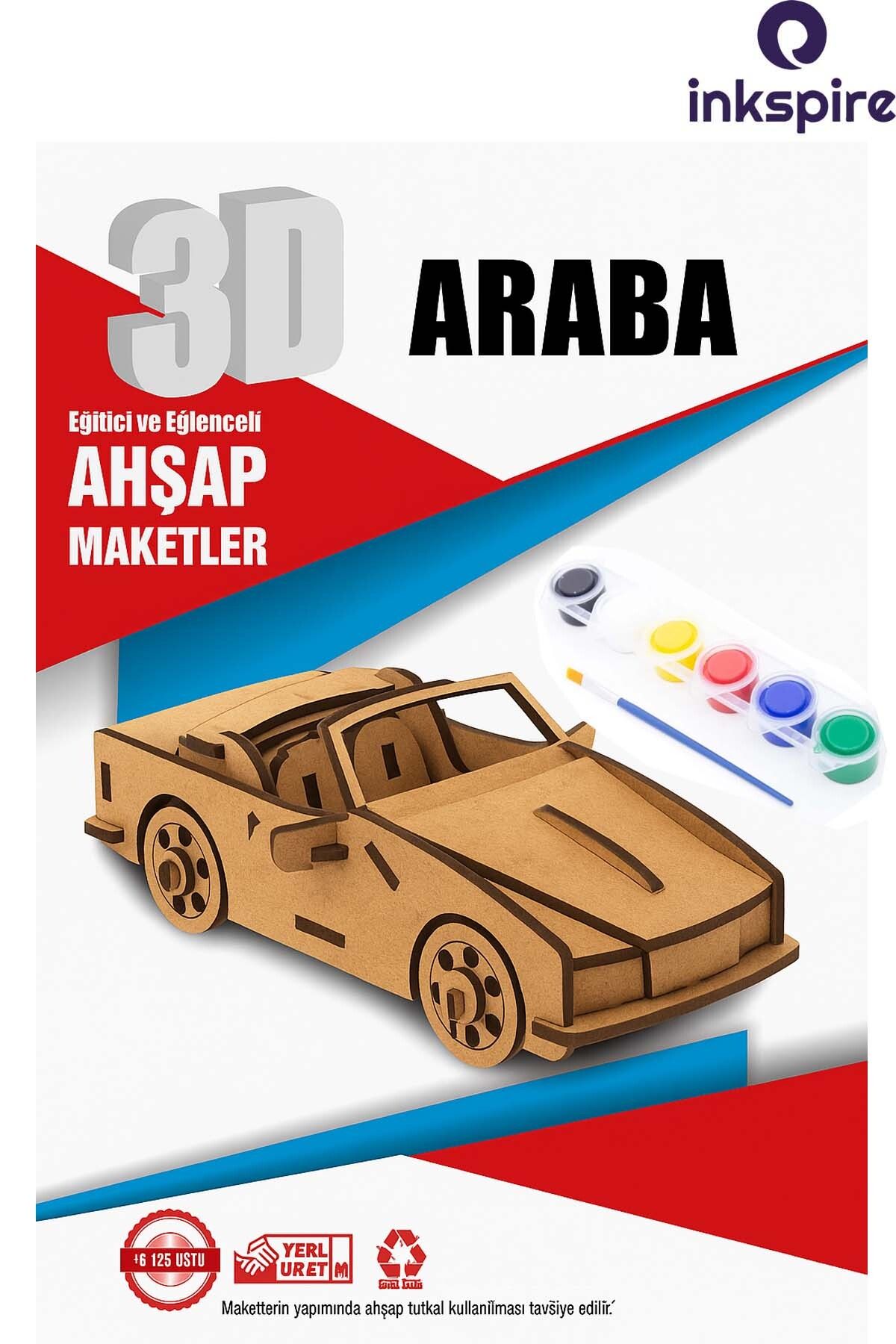 inkspire 3D Ahşap Maket 3 Boyutlu Boyanabilir Geçmeli Puzzle Maket 6Lı Akrilik Boya Fırça Kendin Yap Boya Set