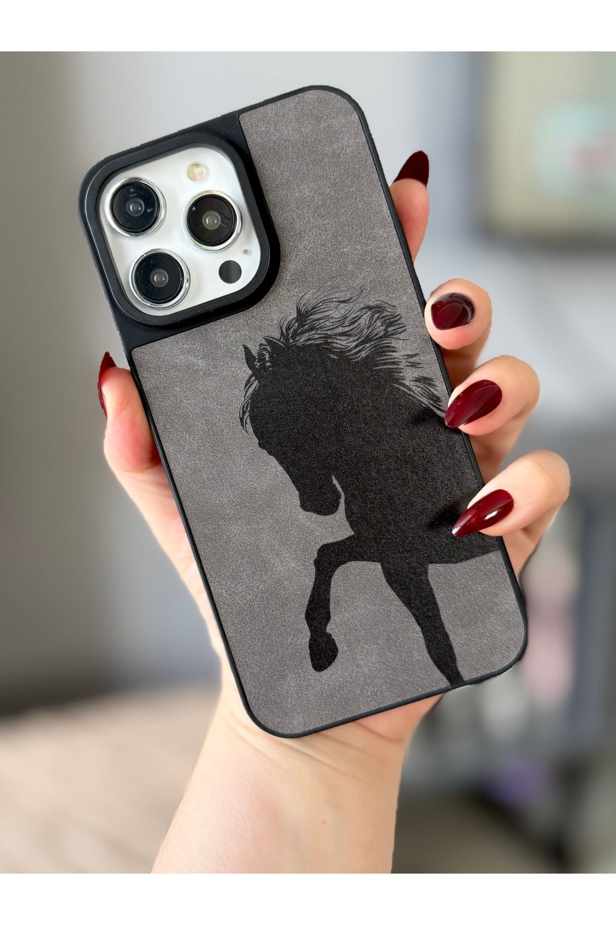 MirazTasarim IPHONE 14 PRO MAX SİYAH/GRİ DERİ DOKULU DESENLİ KILIF