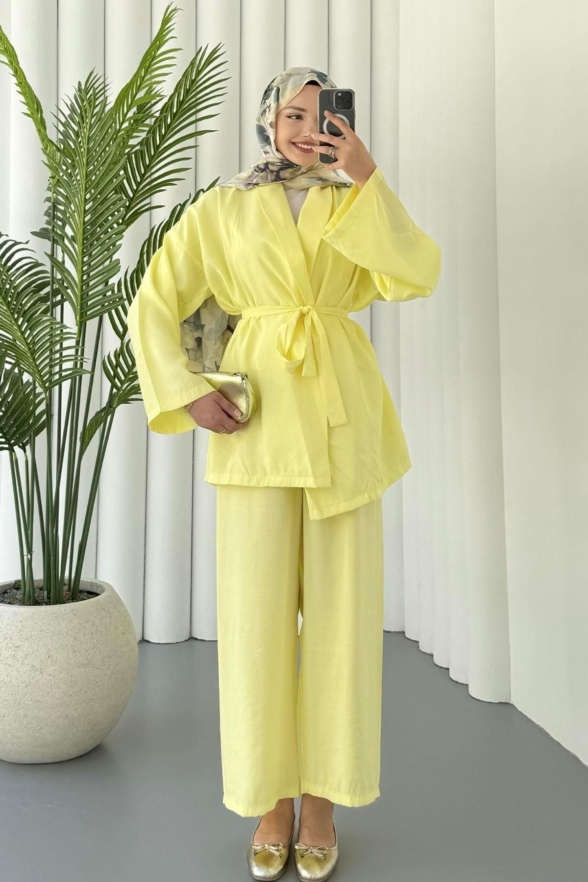 Modaensarbutik Seyyar Kuşaklı Kimono Pantolonlu Tesettür Takım-SARI