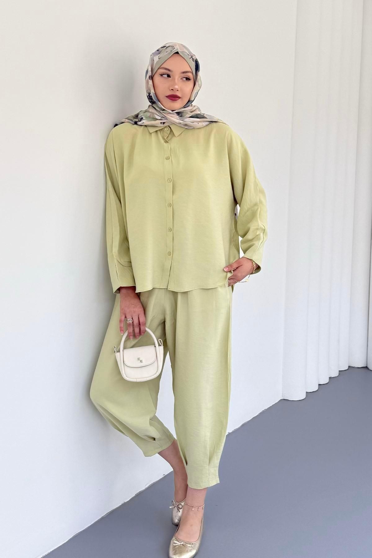 Modaensarbutik Gömlek Detaylı Tesettür Takım-MİNT YEŞİLİ