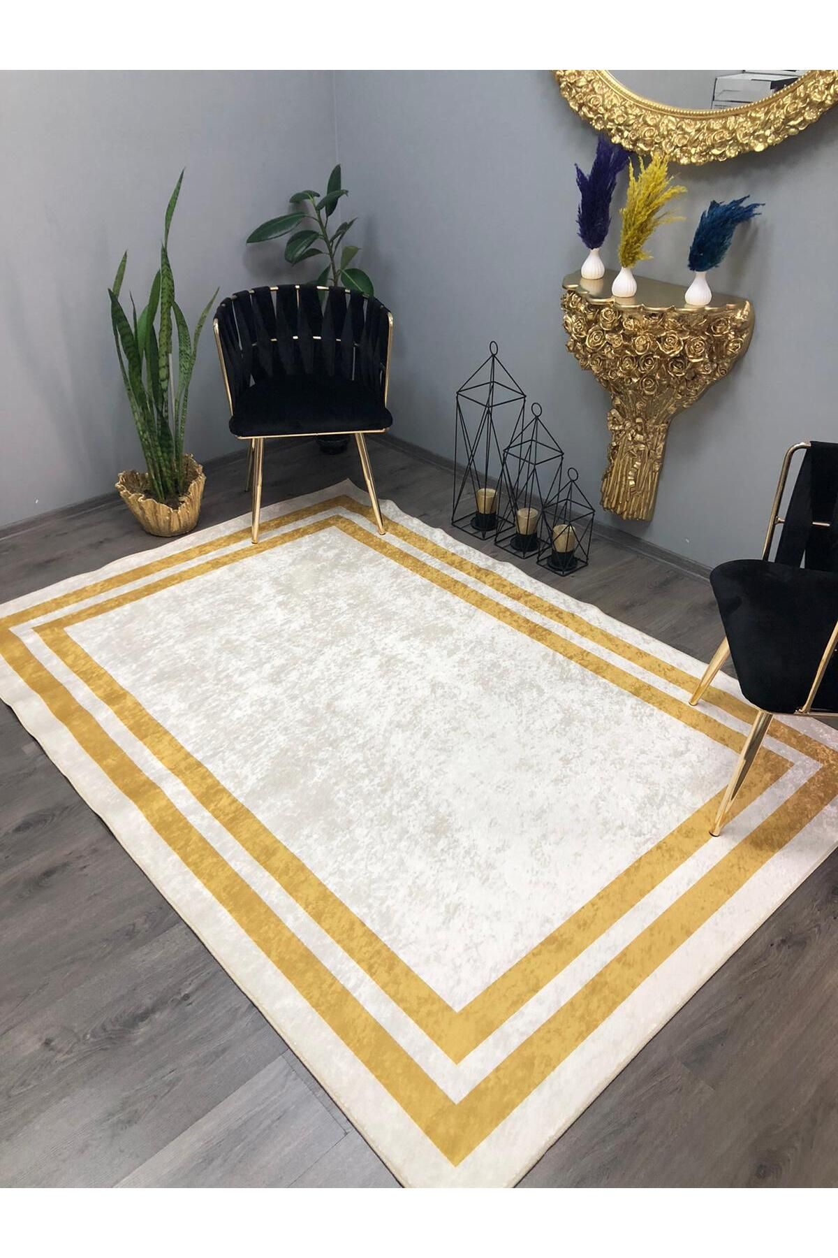 Monisso MONİSSO HALI Çerçeve Beyaz Gold Kaymaz Taban, leke Tutmaz, Mutfak Halısı, Salon Halısı ve Yolluk