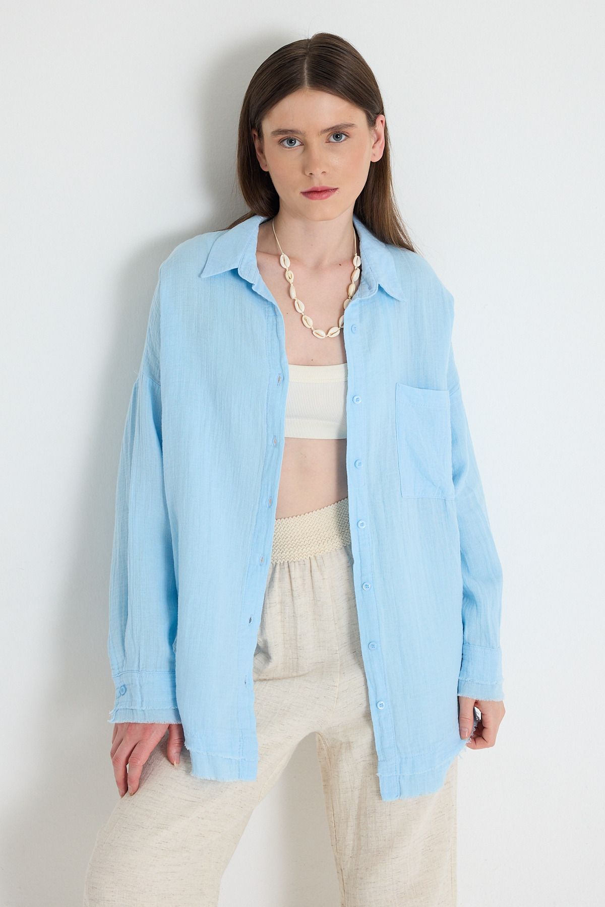 Rays Bebe Mavi Oversize %100 Pamuk Müslin Gömlek 4786A