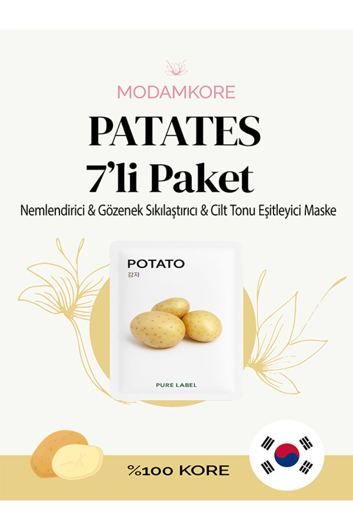 ModamKore 7'li Paket Patates Özlü Kore Yüz Maskesi -Nemlendirici, Gözenek Sıkılaştırıcı &cilt Tonu Eşitleyici