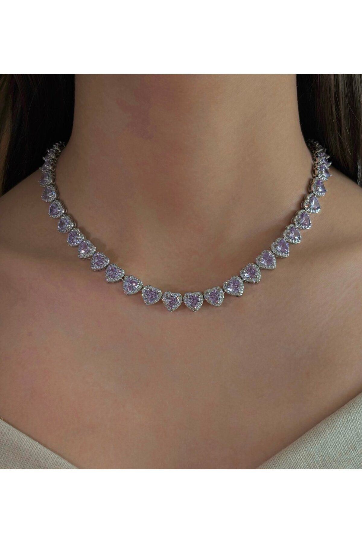 h&b design jewel Lila Full Taşlı Kalpli Kolye