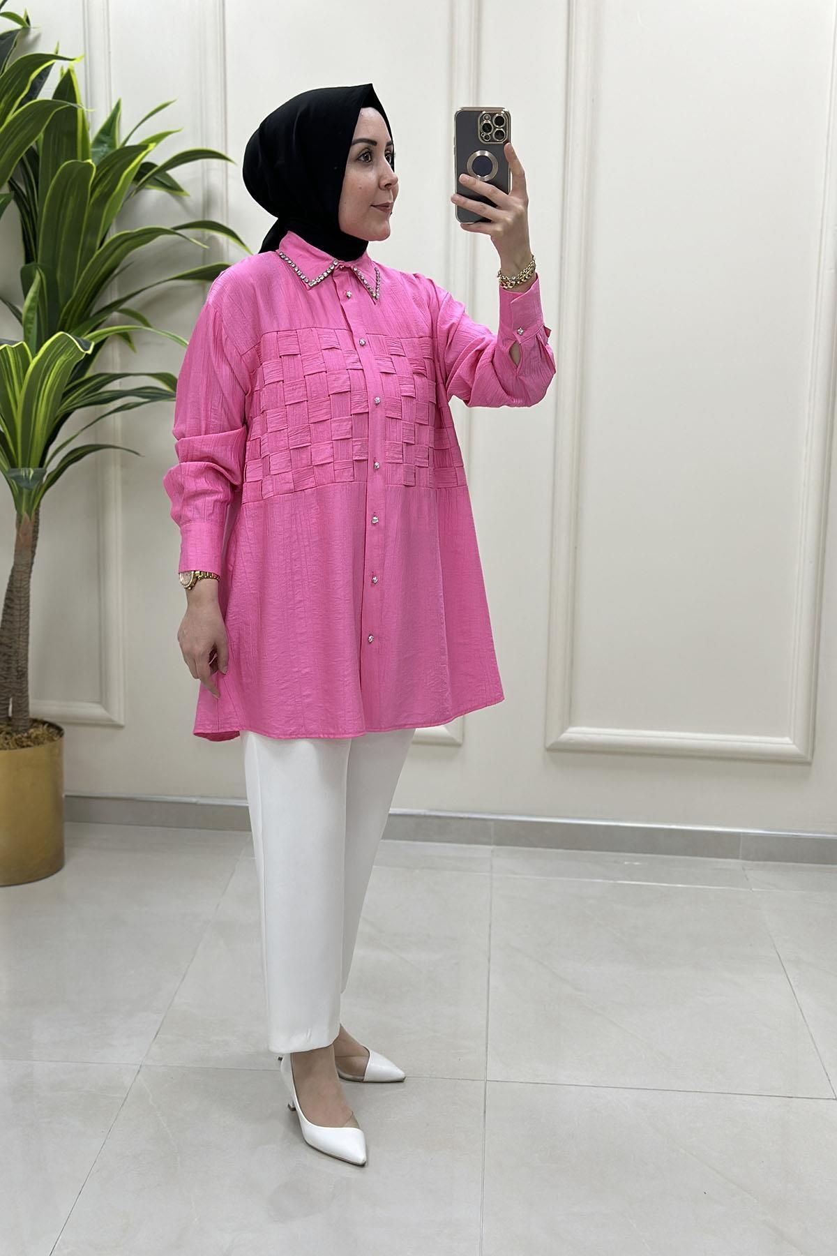 Miss Önü Düğmeli Yaka Taş Detaylı Kadın Tunik Pembe MSE 3237