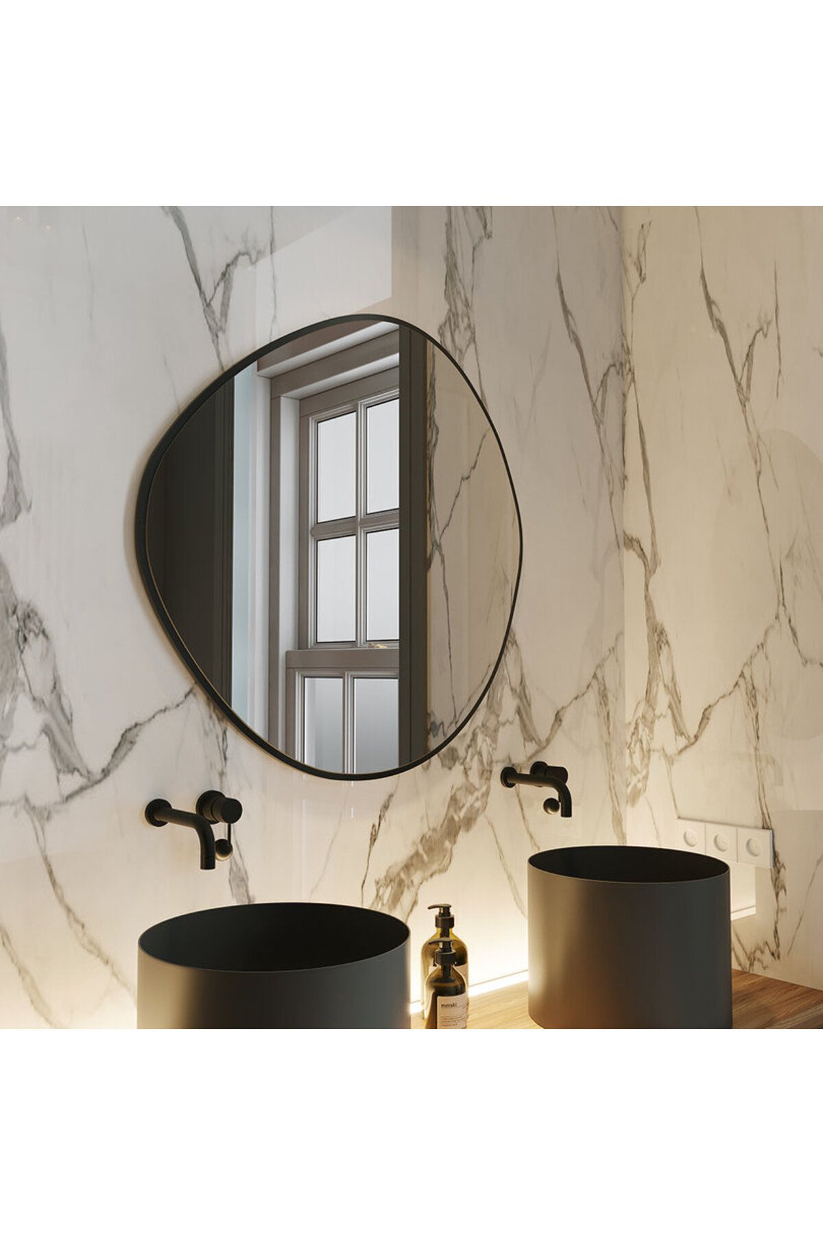 Aypars Atölye Asimetrik Modern Banyo Aynası – Siyah Çerçeveli Dekoratif Tasarım Ayna (Duvar Tipi)