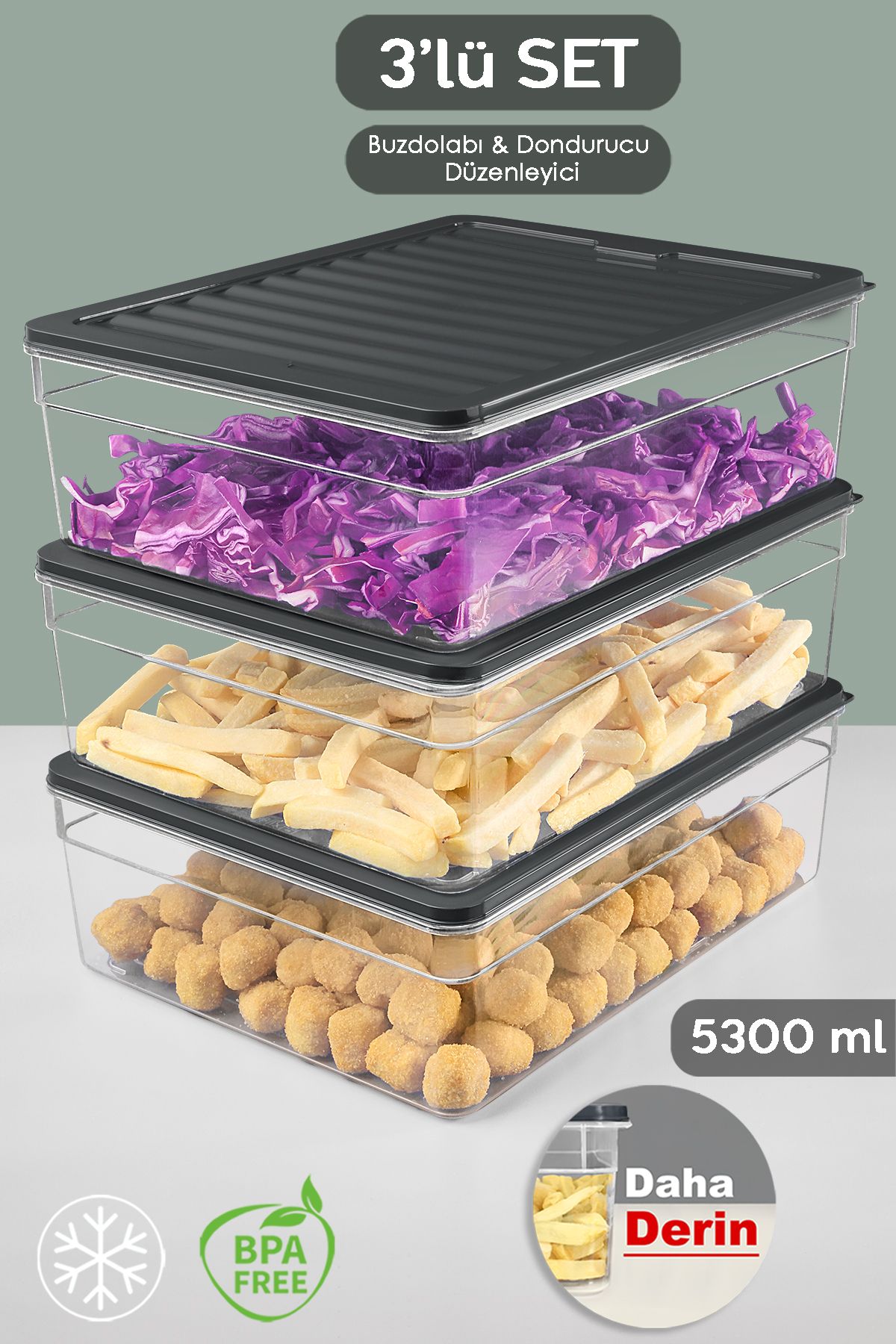 Leonsas 3'lü Derin Mikrodalga Uyumlu Organizer Set Düzenleyici Gıda Erzak Saklama Kabı 2000ml
