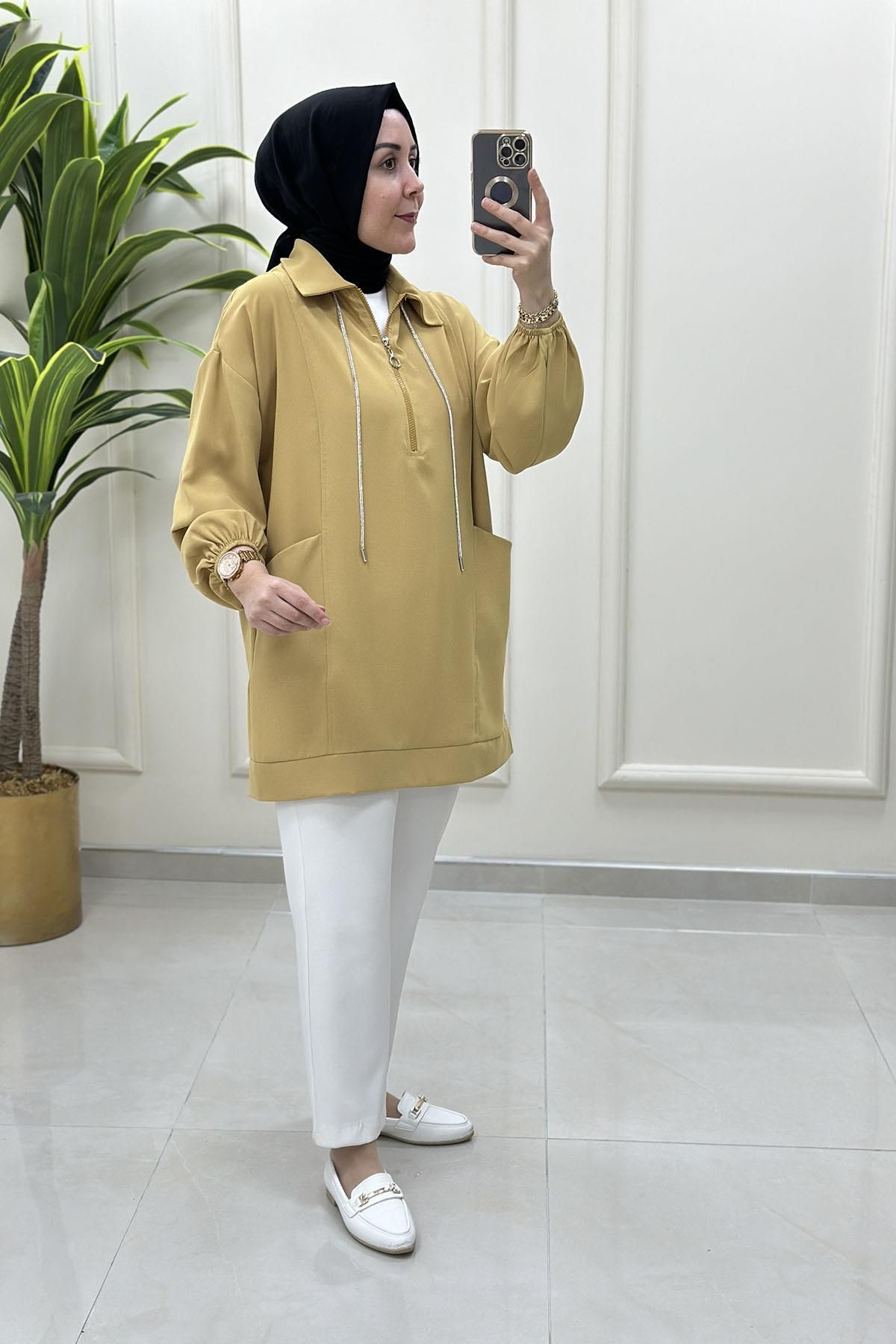 Miss Önü Yarım Fermuarlı Taş İp Detaylı Kadın Tunik Hardal MSE 31901