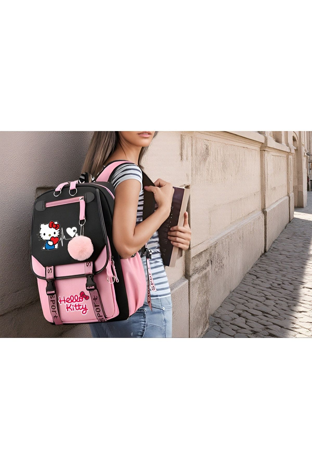 KumOziShop Hello Kitty Baskılı Ponpon Aksesuarlı Büyük Boy Okul Çantası