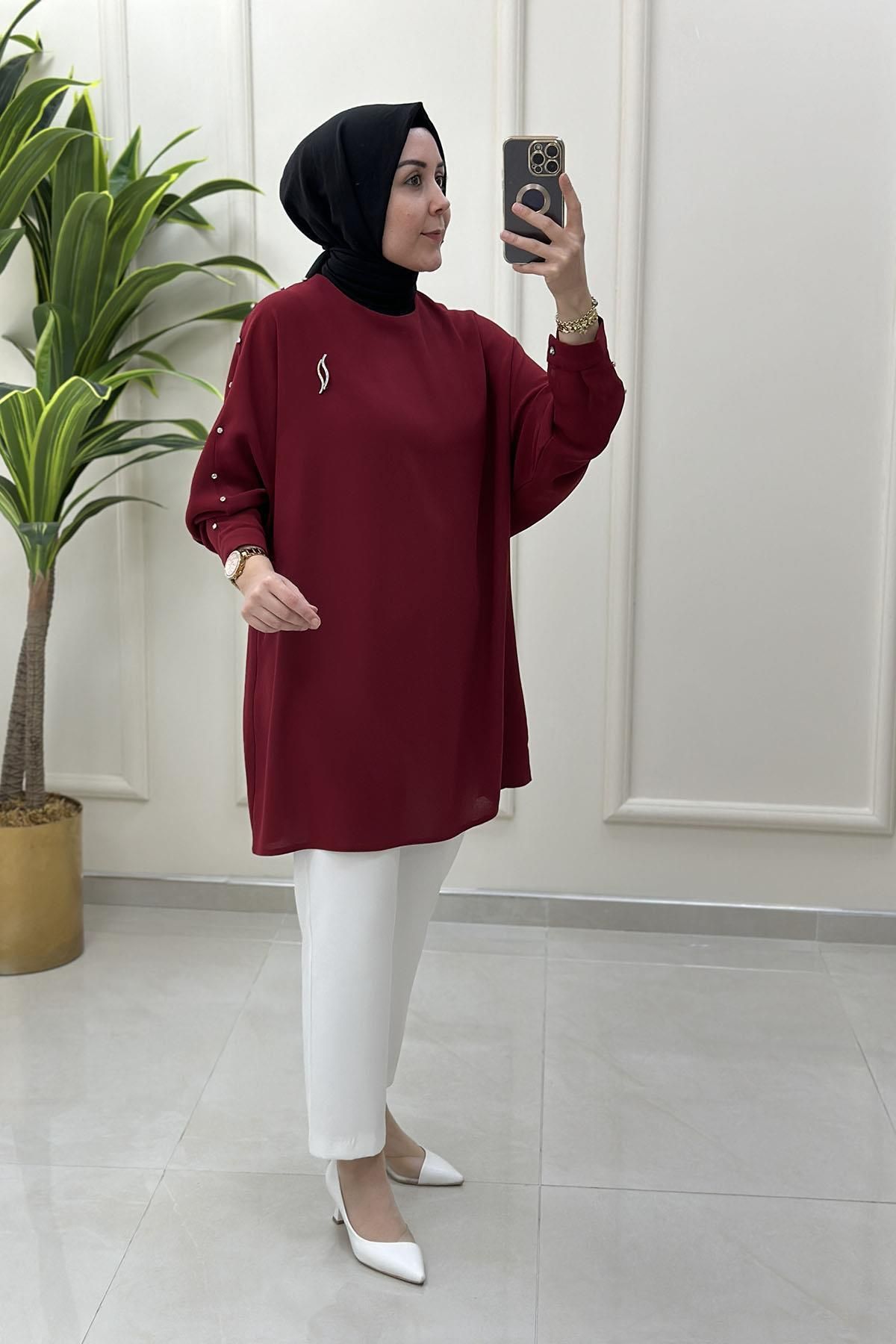 Freemood Yarasa Kol Broş ve Taş Detaylı Kadın Tunik Bordo FM 25073