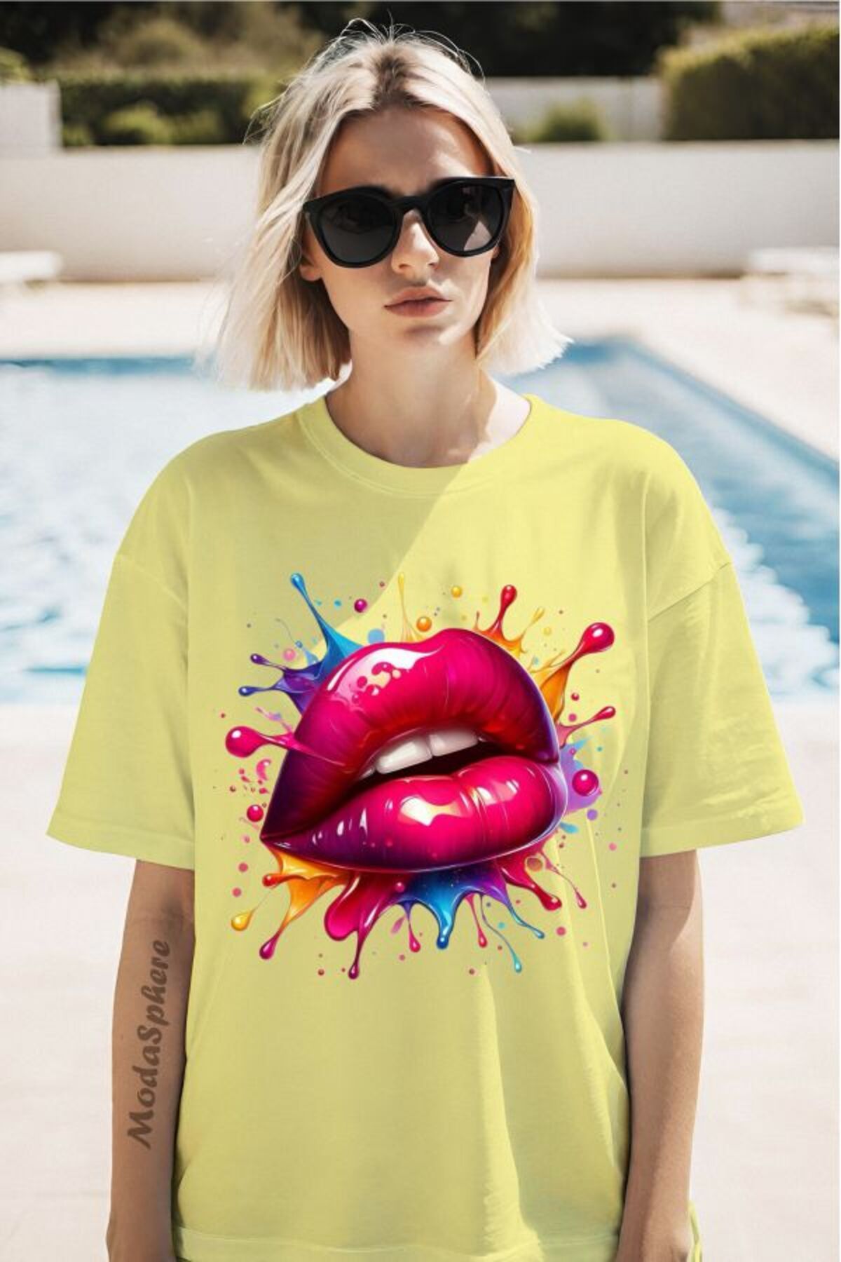 ModaSphere Renkli Dudak Baskılı Unisex Oversize Tişört