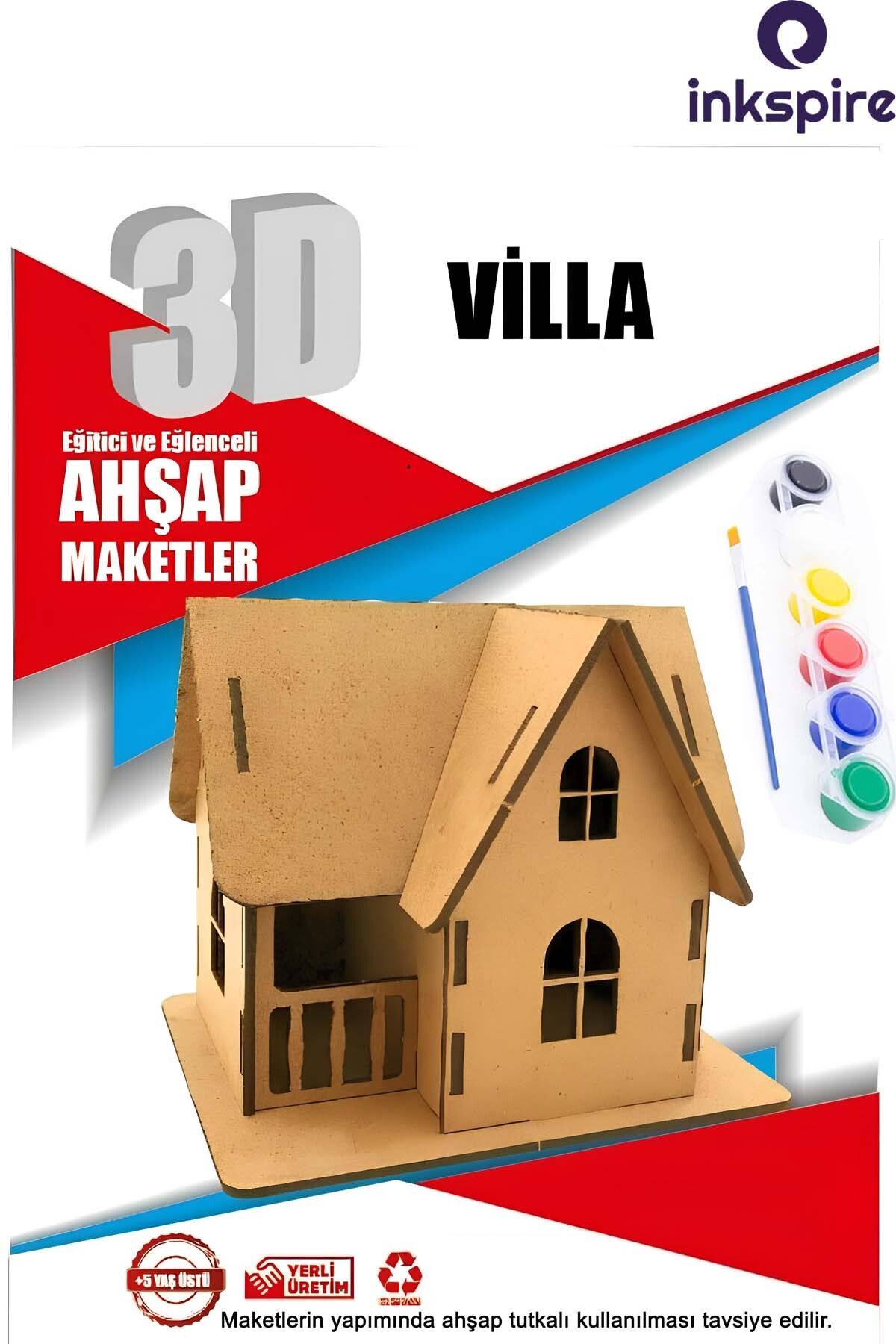 inkspire 3D Ahşap Maket 3 Boyutlu Boyanabilir Geçmeli Puzzle Maket 6Lı Akrilik Boya Fırça Kendin Yap Boya Set