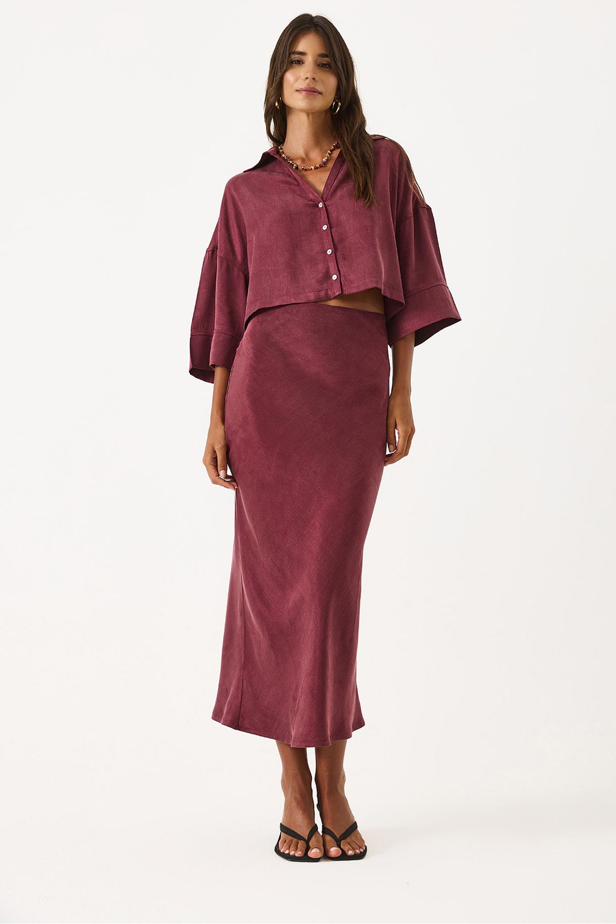 VENA Lyocell Saten Midi Etek - BORDO