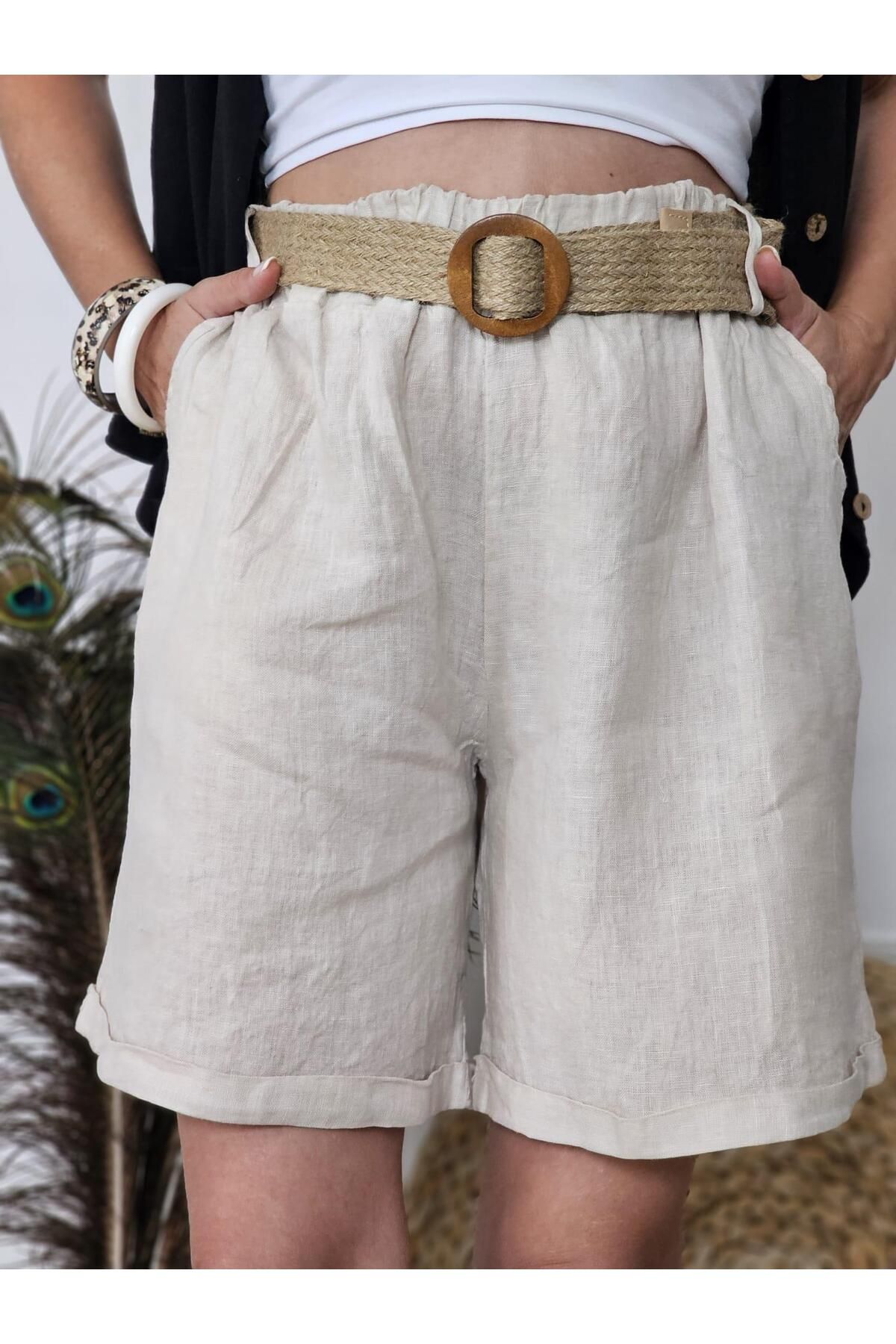 Felix Butik FELİX13807 Hasır Kemerli İthal Keten Taş Rengi Şort