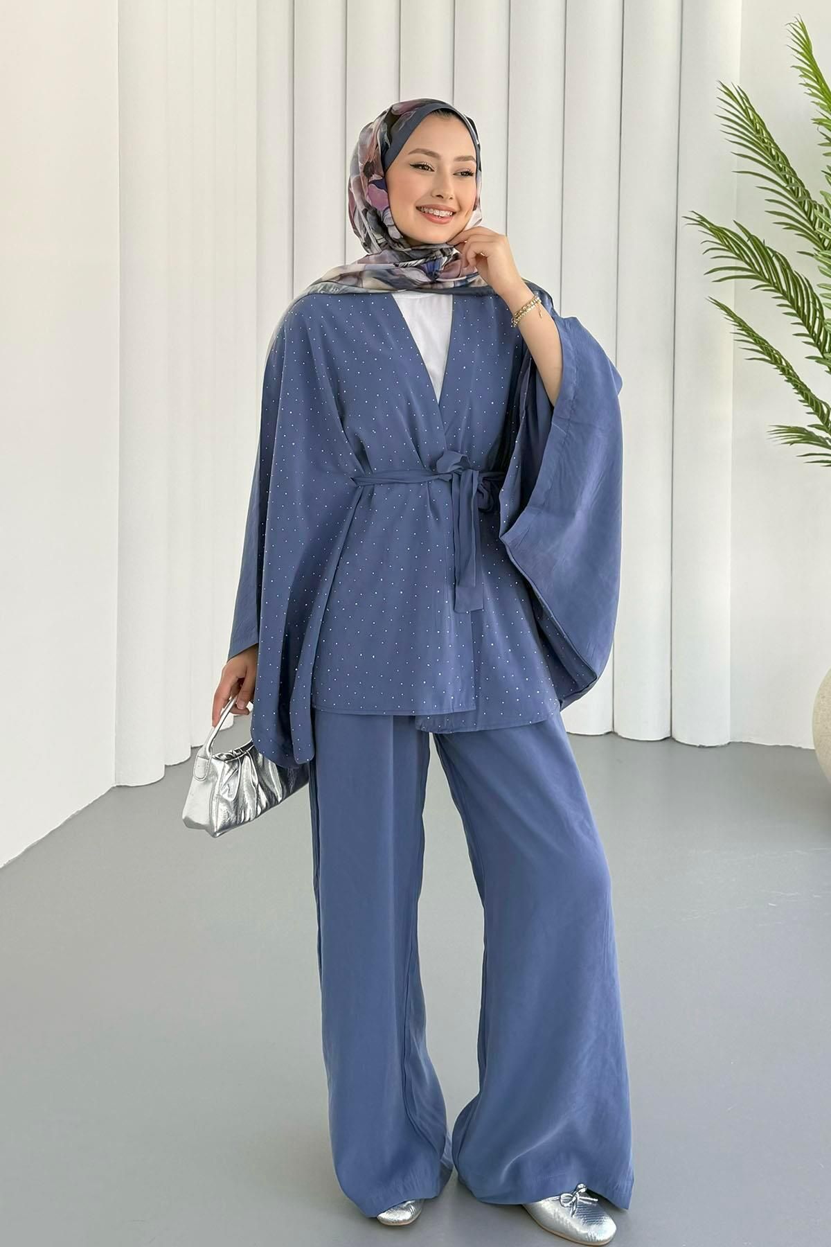 Modaensarbutik Yarasa Kol Taş Serpmeli Kimono Tesettür Takım-İNDİGO
